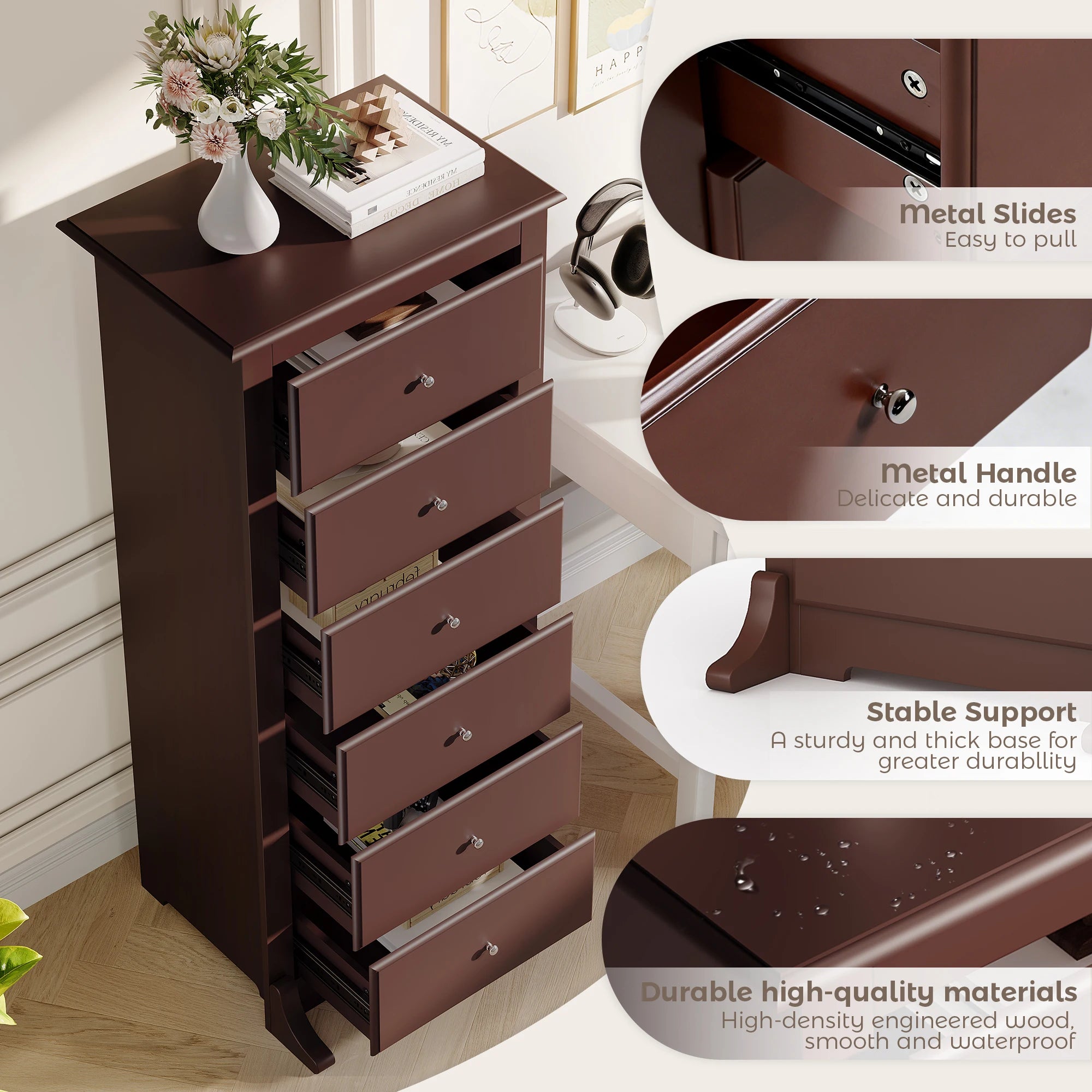 JHK 6 Drawer Wooden Dresser Chest for Living Room 19" x 23.25" x 52.75" Modern Storage Cabinet for Home Furniture Closet