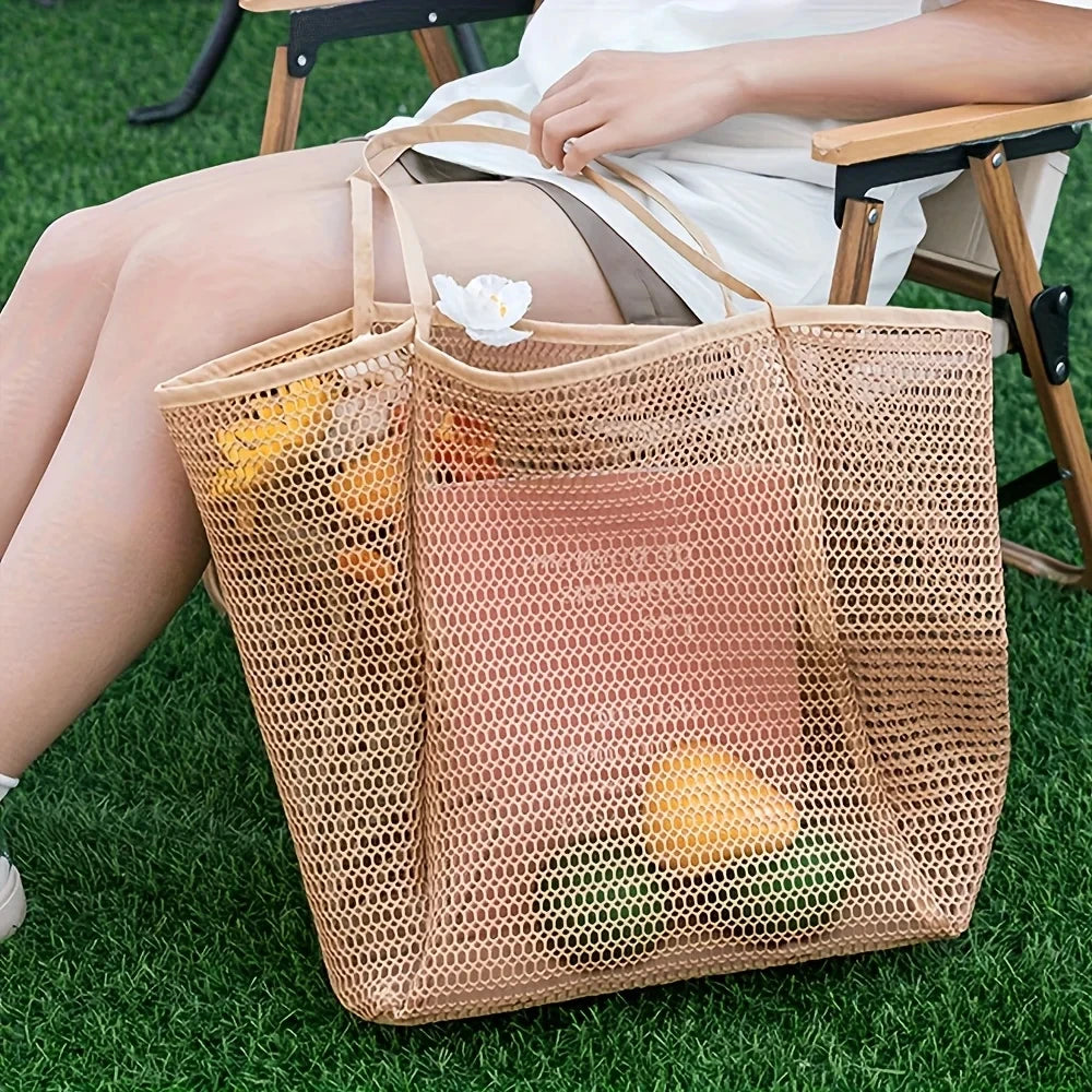 1pc Large Capacity Beach Bag Mesh Women's Single-shoulder Bag Foldable Travel Storage Bag Portable Shopping Bag Toiletry Bag