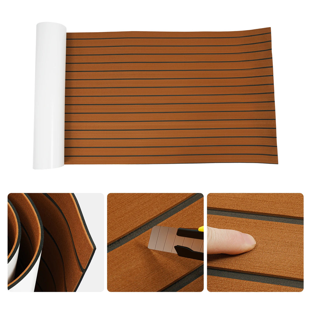 240x90cm EVA Foam Teak Floor Mat 6mm Thick Anti-Slip Self-Adhesive Pad Cuttable Waterproof Marine Carpet for Boat Deck RV Yacht