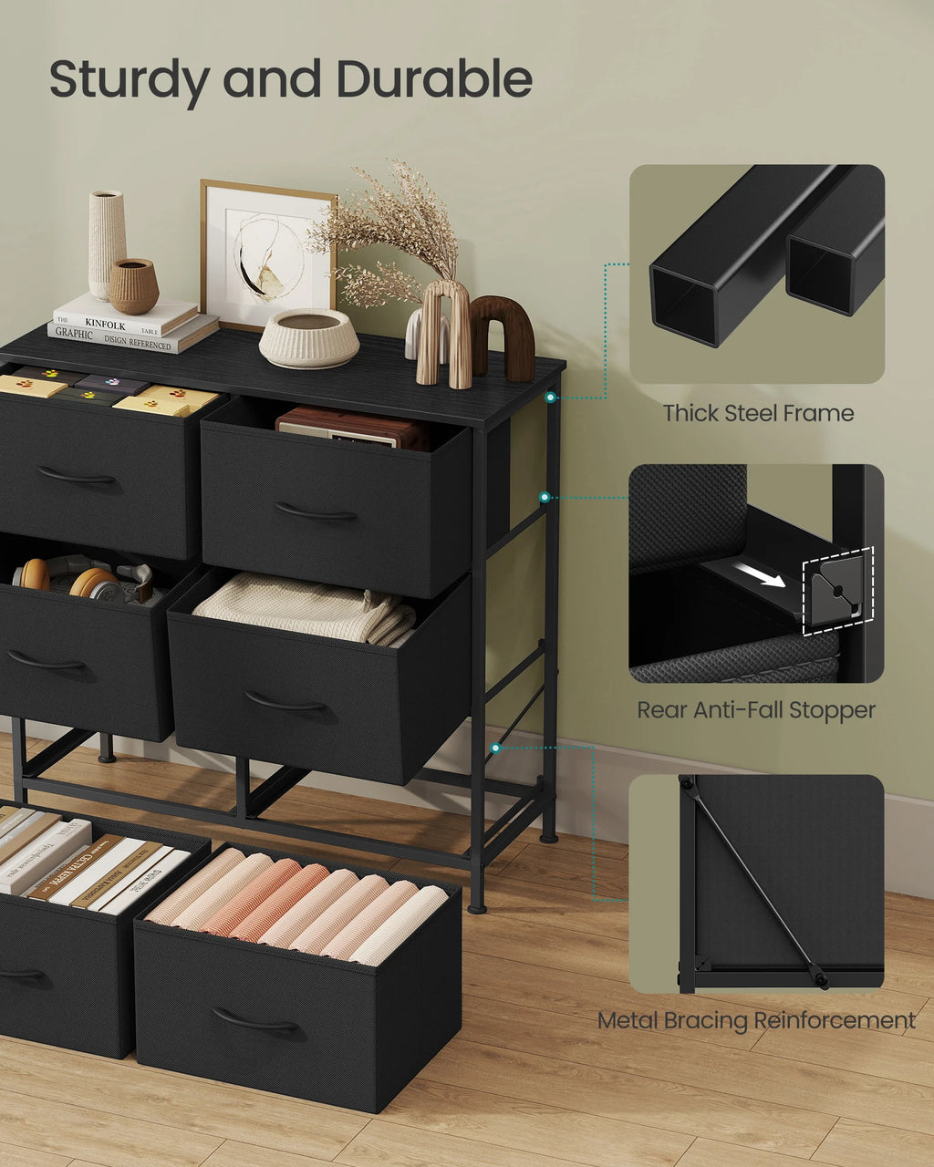 SONGMICS Dresser for Bedroom, Chest of Drawers, TV Stand, Steel, MDF, 6 Non-Woven Fabric Drawers, Storage Organizer Unit, Closet