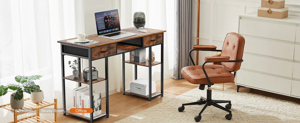 JHK 48 Inch Computer Gaming Desk with Fabric Drawers Storage Shelves Metal Frame Adjustable Feet Table For Bedroom Home Office