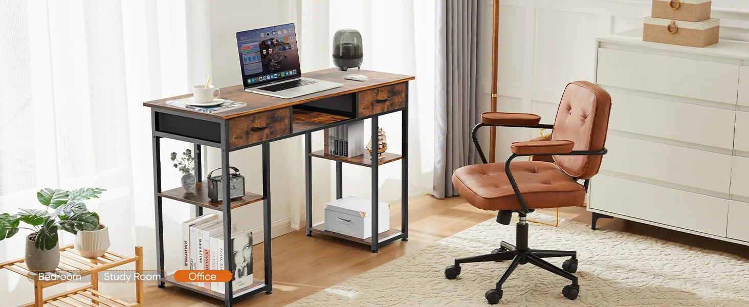 JHK 48 Inch Computer Gaming Desk with Fabric Drawers Storage Shelves Metal Frame Adjustable Feet Table For Bedroom Home Office