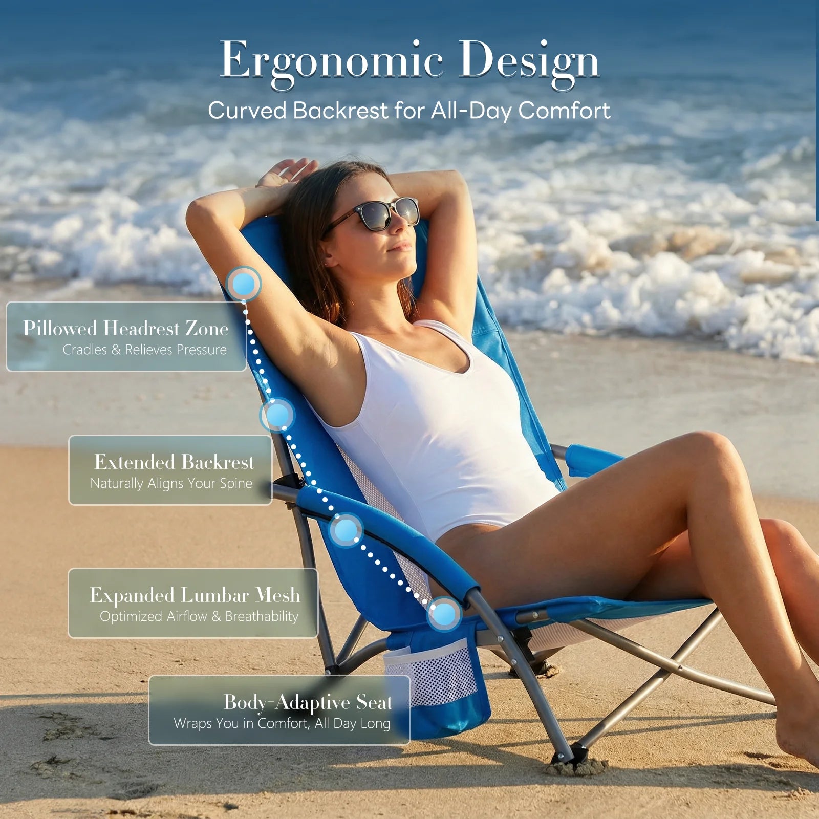 JHK Portable Low Beach Camping Chair Folding Chair with Cup Holder Padded Armrests Sturdy Steel Frame Outdoor Picnic Chair