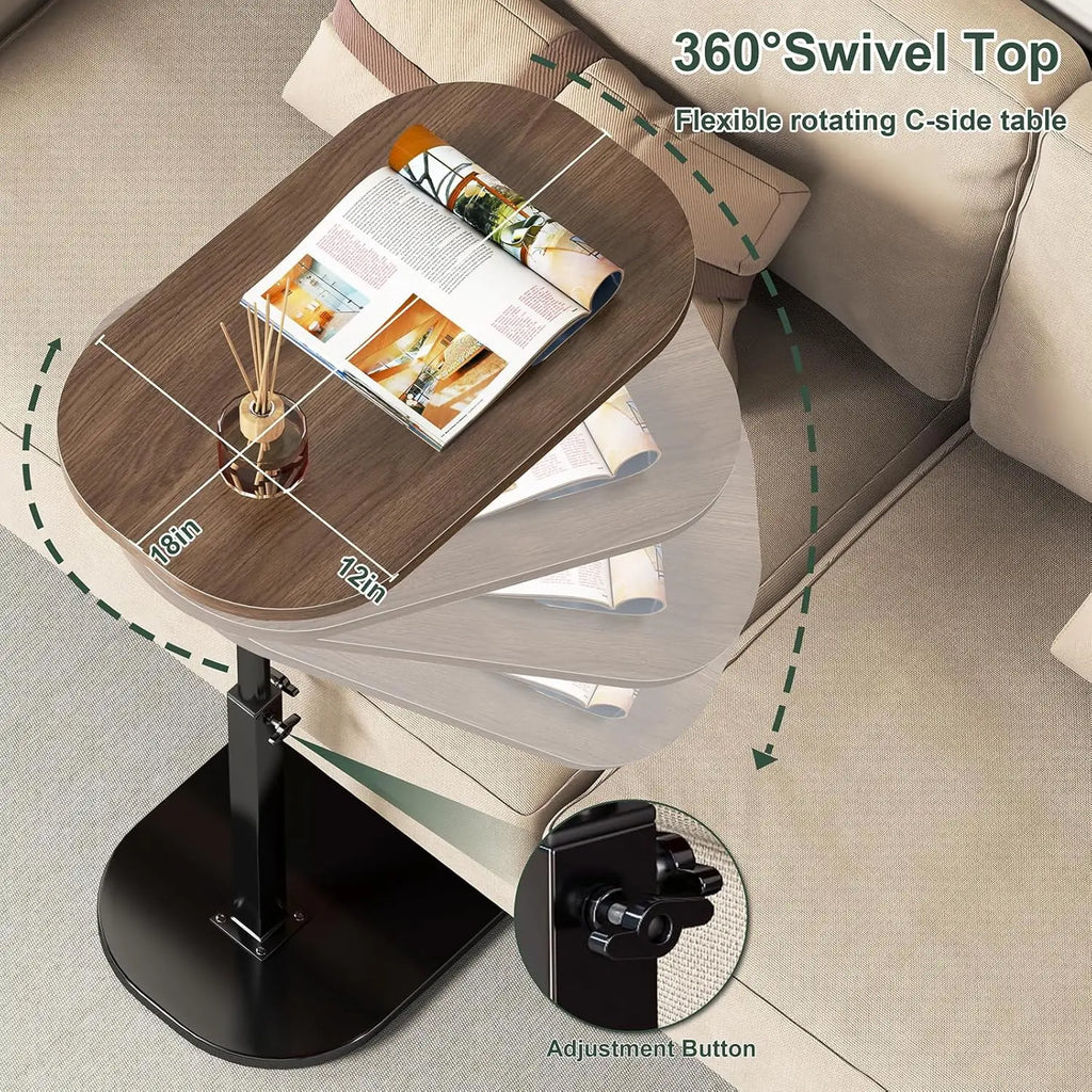 Adjustable C-Shaped Side Table with Swivel Top - Multi-Height End Table for Couch, Bed, Bathtub & Living Room