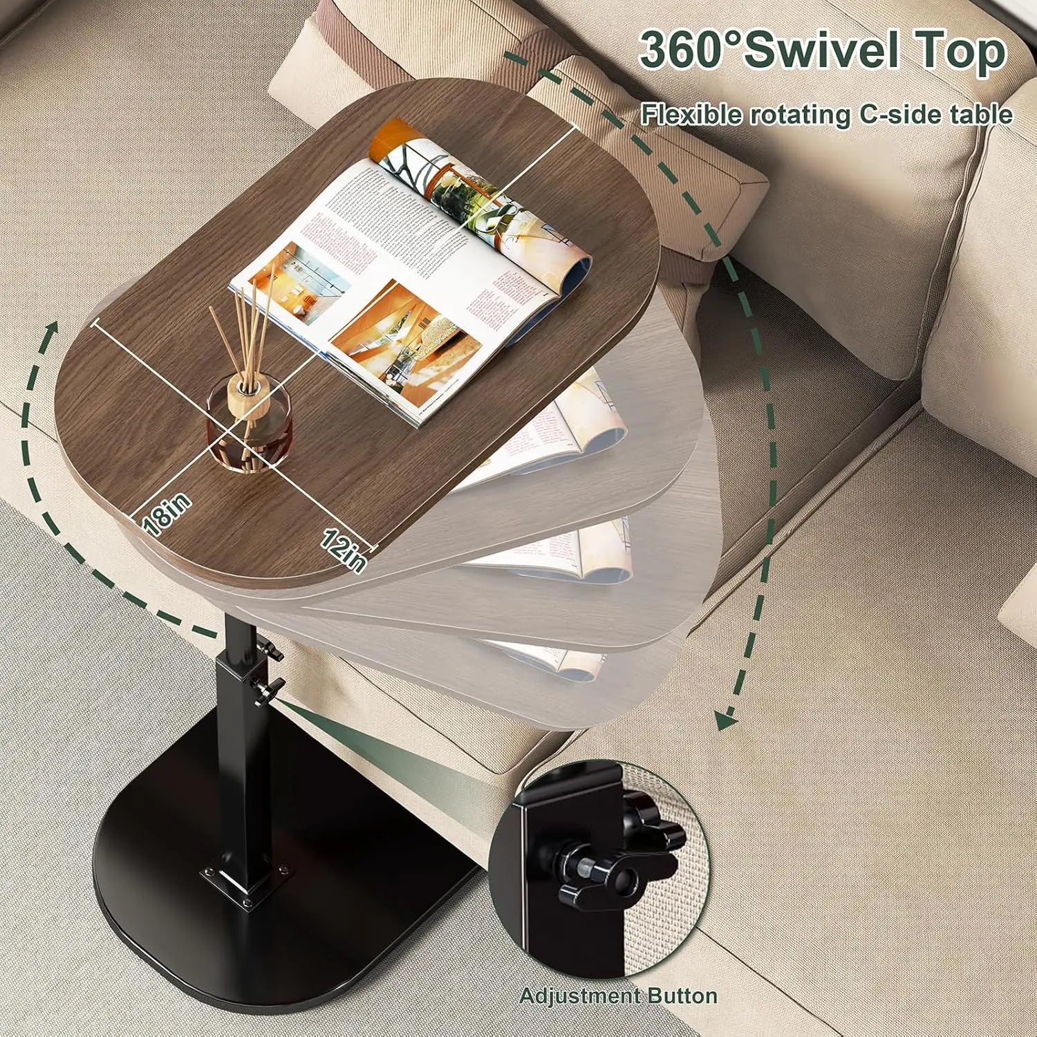 Adjustable C-Shaped Side Table with Swivel Top - Multi-Height End Table for Couch, Bed, Bathtub & Living Room