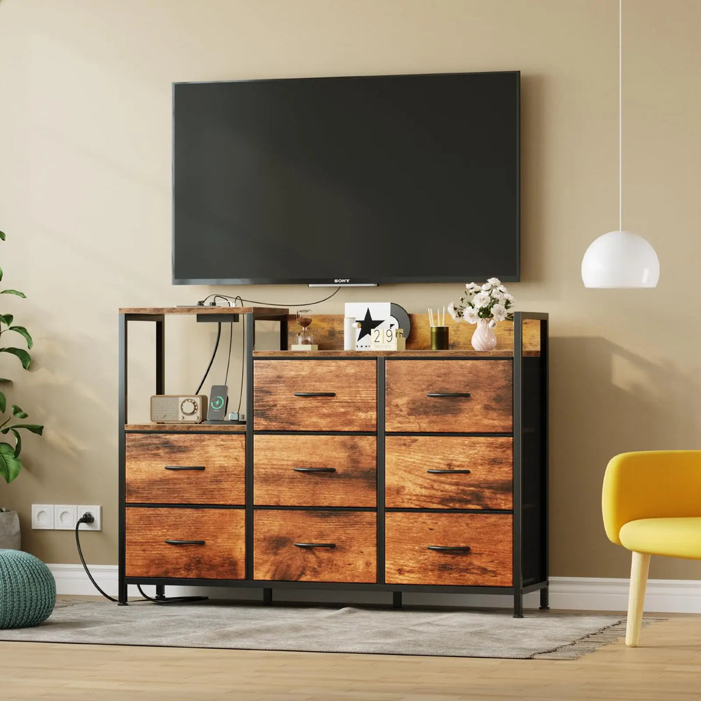 JHK Cabinet With 8 Fabric Drawers TV Stand Metal Frame With Charging Station Entertainment Center TV Storage Display Furniture