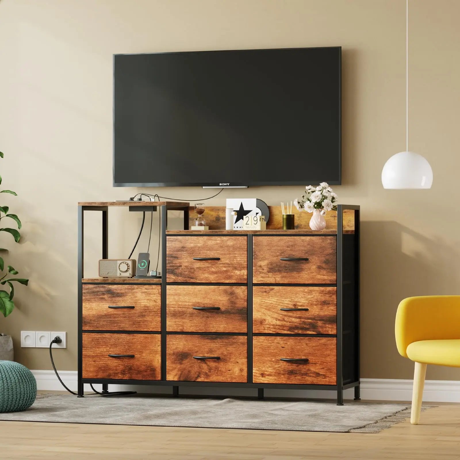 JHK Cabinet With 8 Fabric Drawers TV Stand Metal Frame With Charging Station Entertainment Center TV Storage Display Furniture