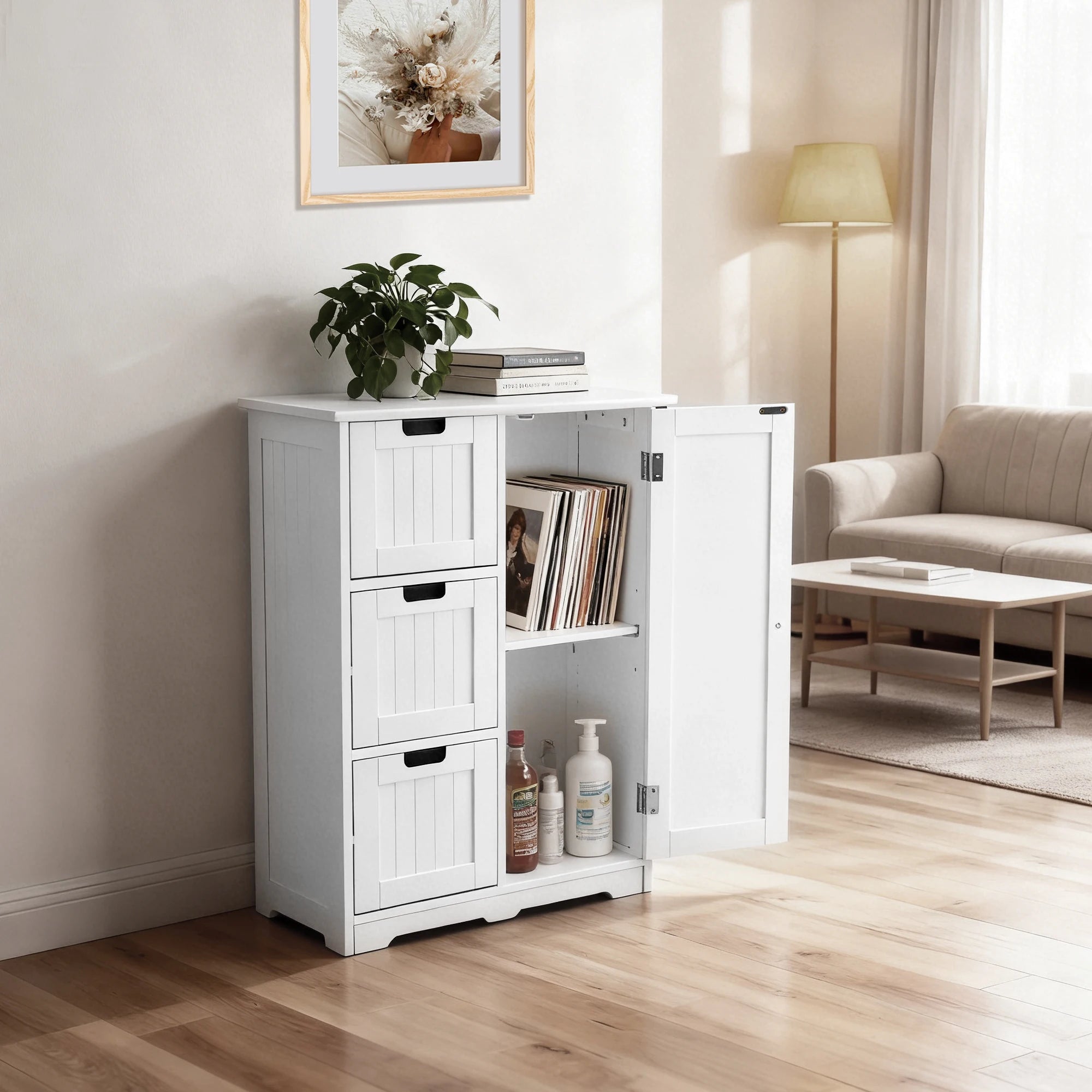 JHK Wooden Storage Cabinet with 3 Drawers and a Cupboard Bathroom Floor Cabinet Freestanding Cupboard for Home Living Room