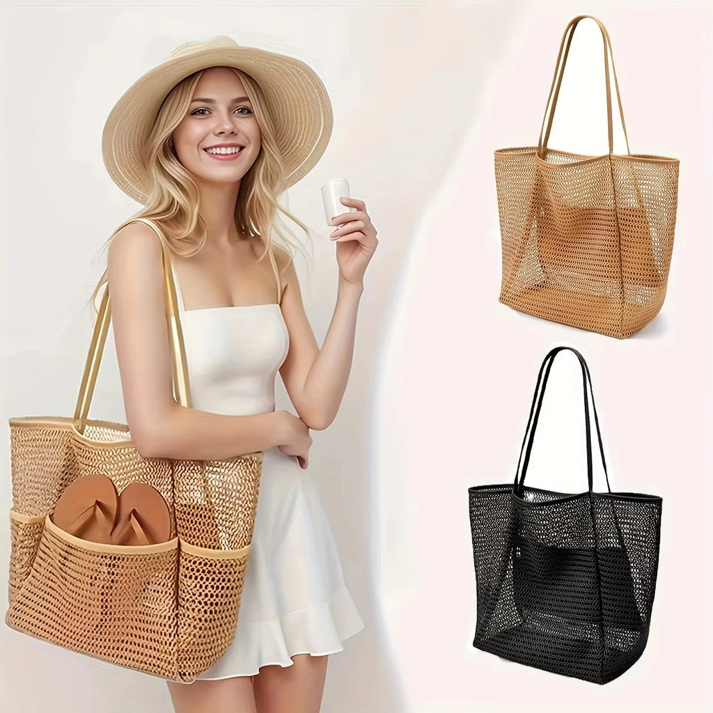 1pc Large Capacity Beach Bag Mesh Women's Single-shoulder Bag Foldable Travel Storage Bag Portable Shopping Bag Toiletry Bag