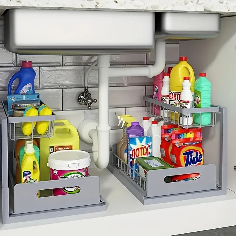 Kitchen Double-Layer Sliding Sink Under-Sink Shelf for Home Use Pull-Out Cabinet Storage Rack for Kitchen and Bathroom Storage