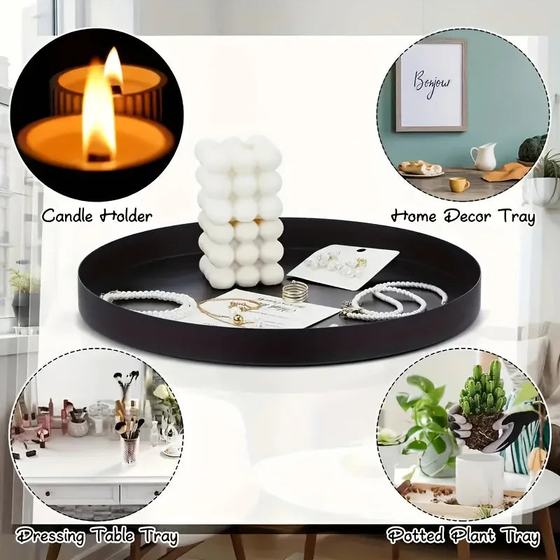 1pc Living Room Desktop Tray Bathroom Aromatherapy Tray Black Metal Round Multifunctional Desk Storage Rack