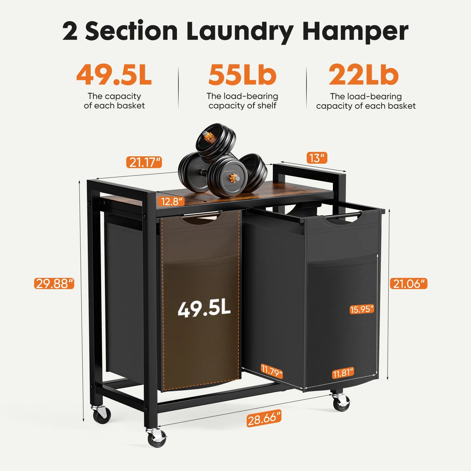 JHK 29IN Cabinets with Movable Wheels Metal Frame and Pull-Out Removable Sorter Bags Clothes Basket Organizer for Furniture