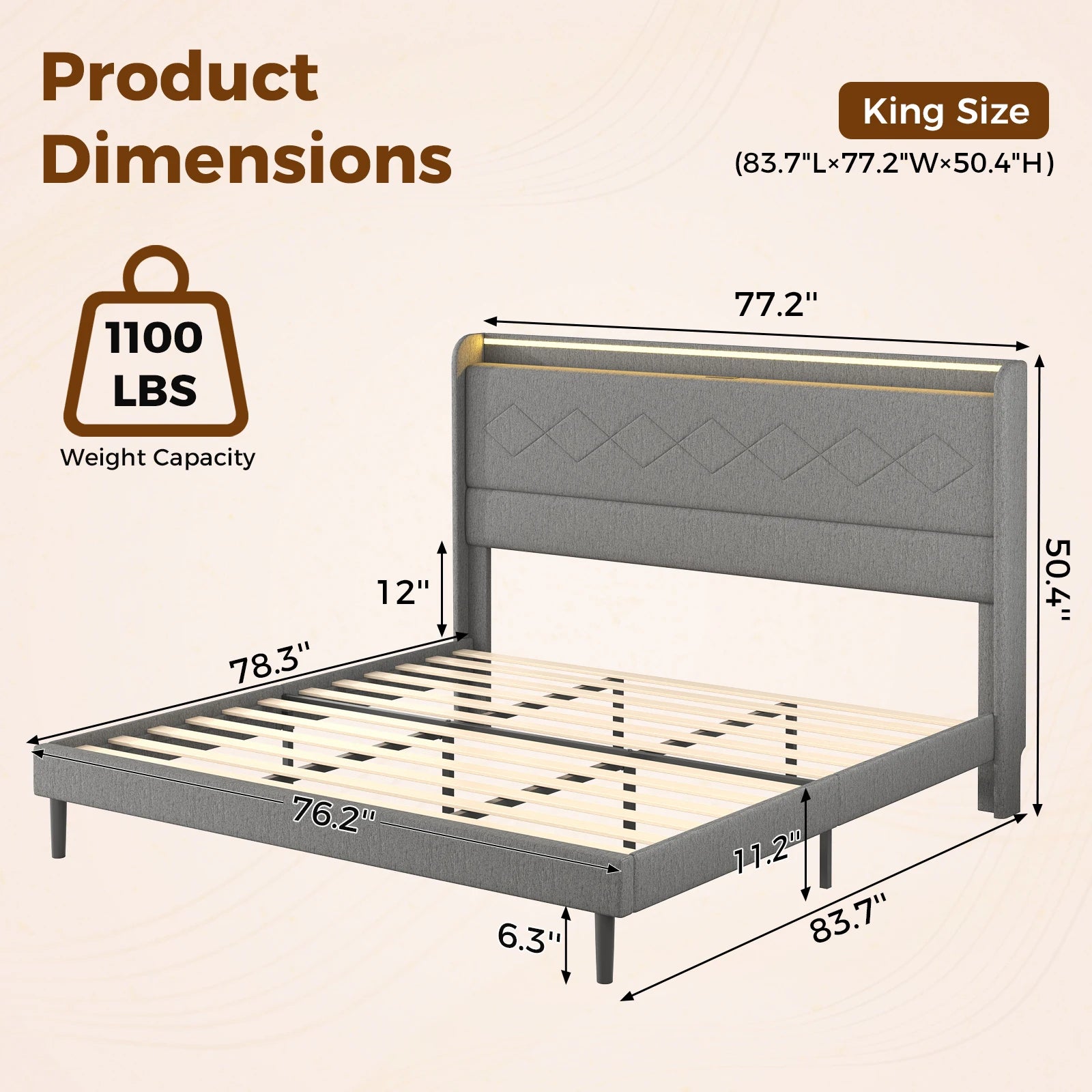 JHK Queen Size Upholstered Bed Frame with Adjustable Headboard 3 USB Charging Ports and LED Light Strip with Bluetooth Control