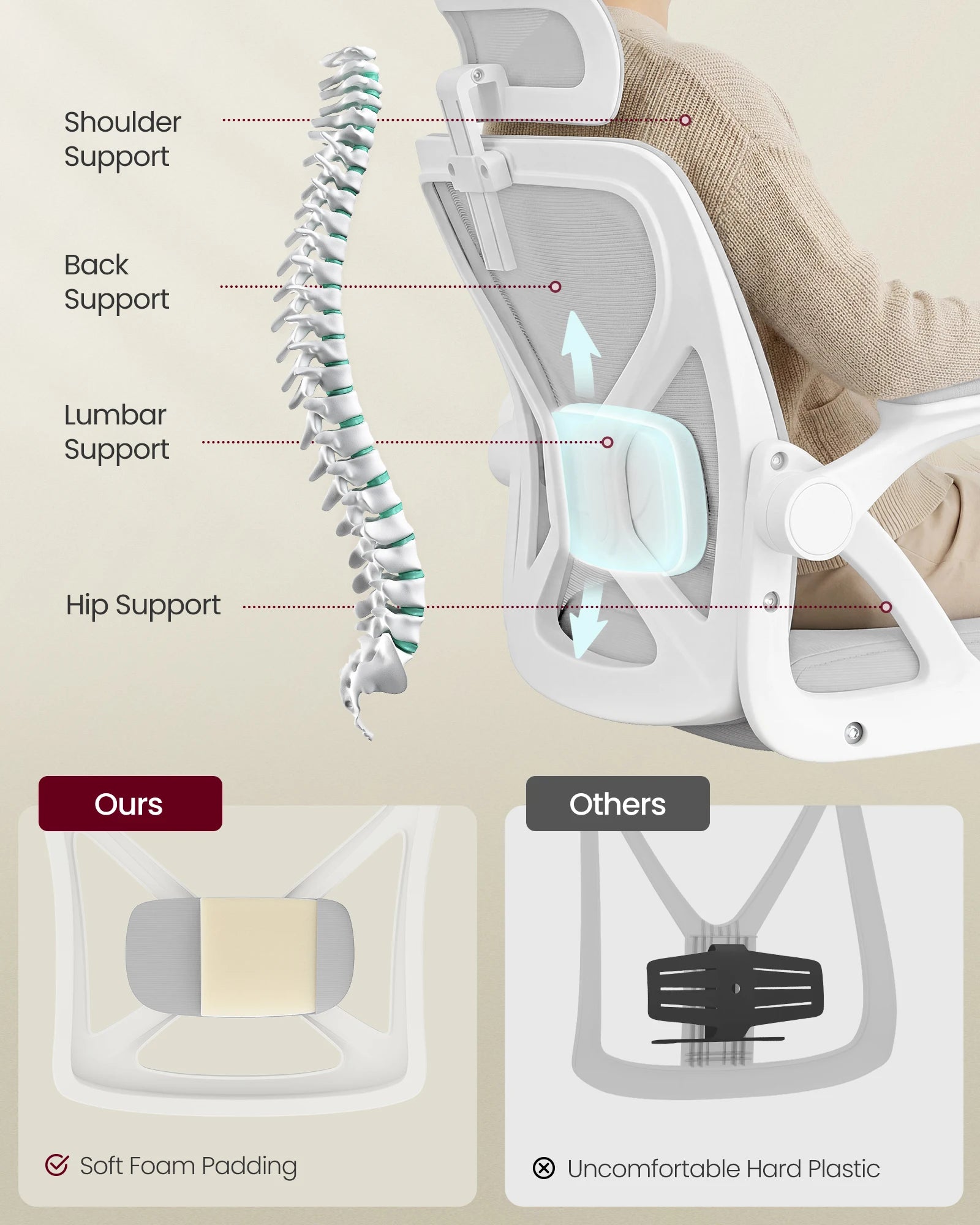 VASAGLE Ergonomic Mesh Office Chair with Adjustable Lumbar Support and Headrest, 90-105° Tilt Function, Wide Seat, Flip‑Up Armr