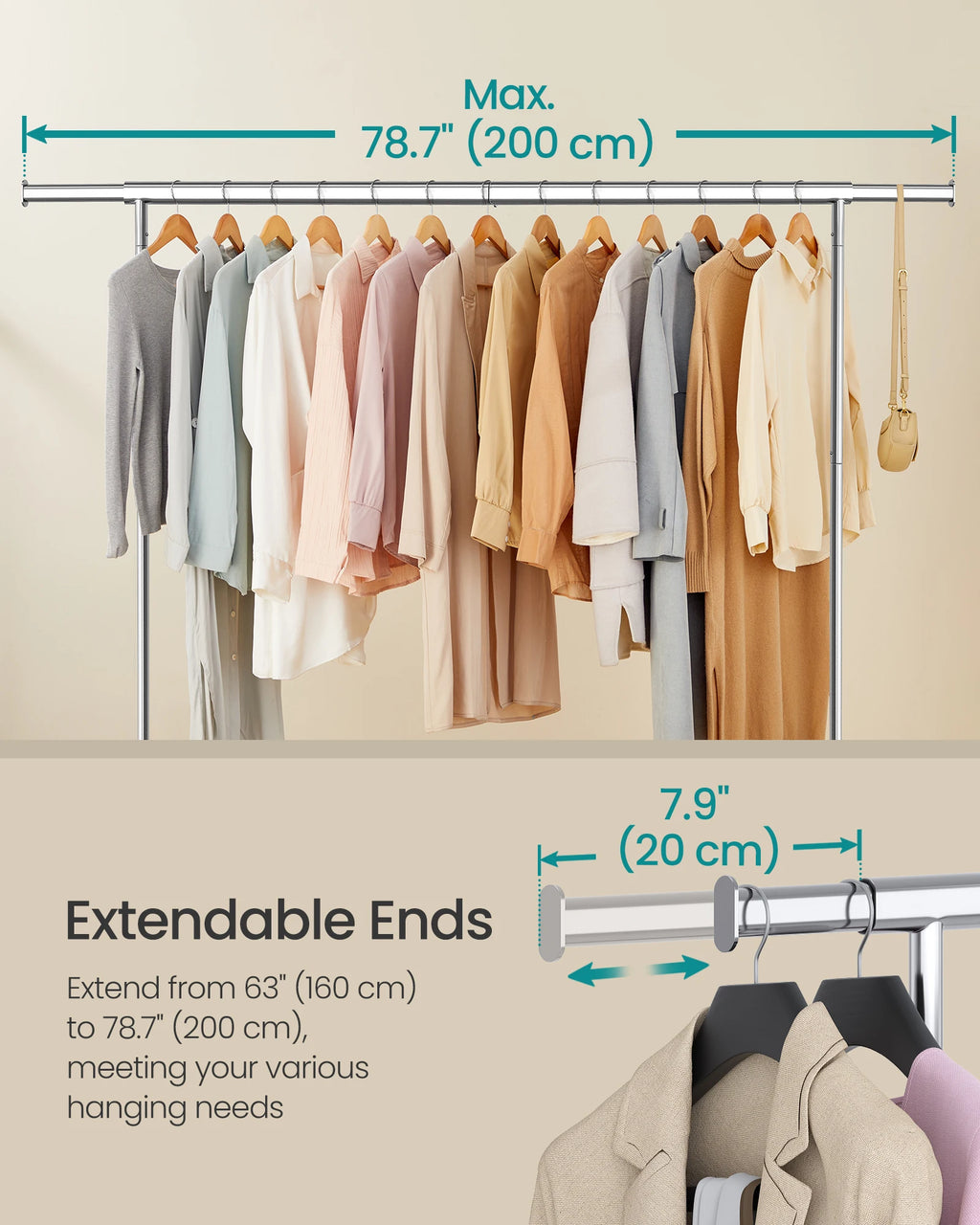 SONGMICS Clothes Rack with Wheels, Heavy-Duty Garment Rack with Extendable Hanging Rod, 243 lb Load Capacity, 17.7 x (63-78.7) x