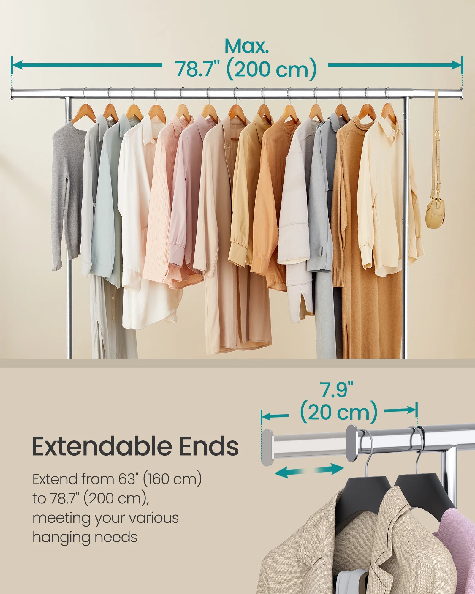 SONGMICS Clothes Rack with Wheels, Heavy-Duty Garment Rack with Extendable Hanging Rod, 243 lb Load Capacity, 17.7 x (63-78.7) x