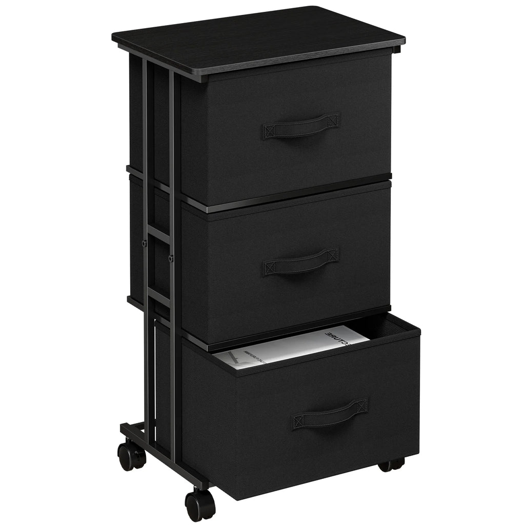 JHK 3 Foldable Fabric Drawers Cabinet For Living Room Wooden Top Movable Roller Beside Nightstand Tables With Steel Structure