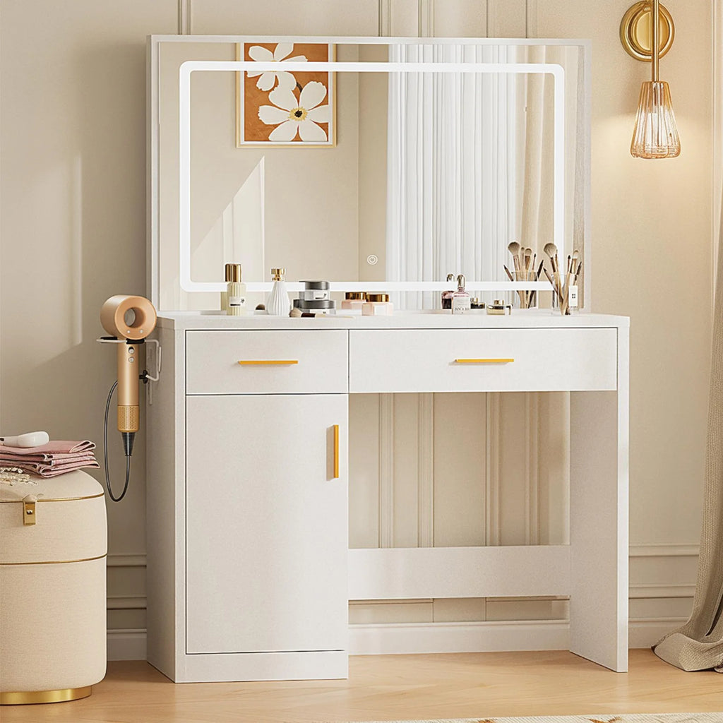 JHK Desser For Bedroom Vanity Desk with Mirror and Light Bulb or Strip LED Lights Adjustable Brightness with Charging Station