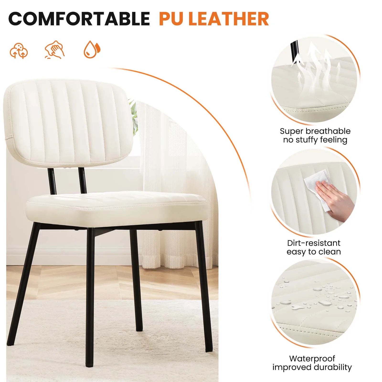 JHK Dining Chairs Set of 2 Ergonomic Lumbar Support PU Leather Foam Sponge Cushion Seat and Metal Legs for Modern Kitchen
