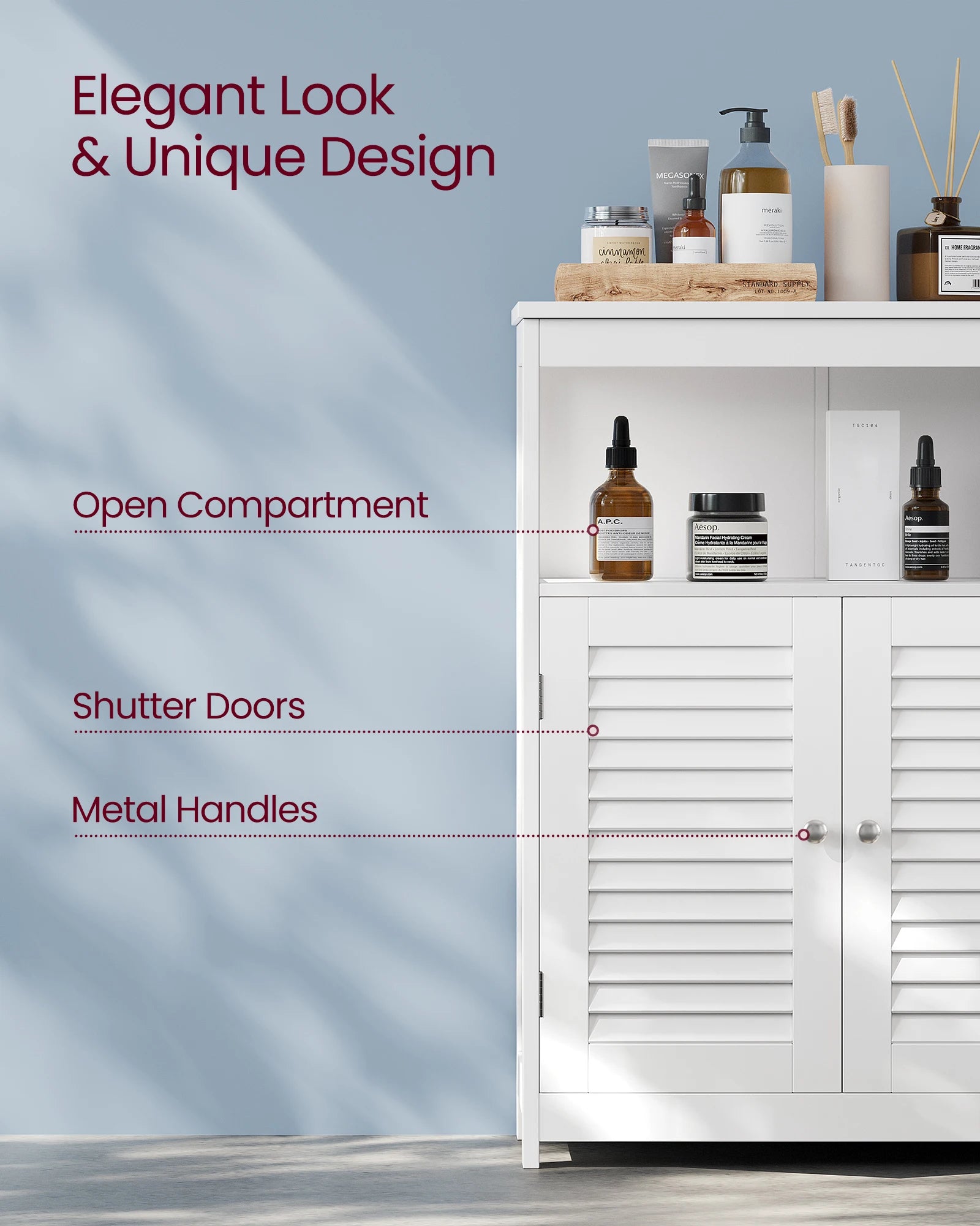VASAGLE Floor Storage Cabinet, Freestanding Storage Unit with Double Shutter Doors and Adjustable Shelf, for Living room