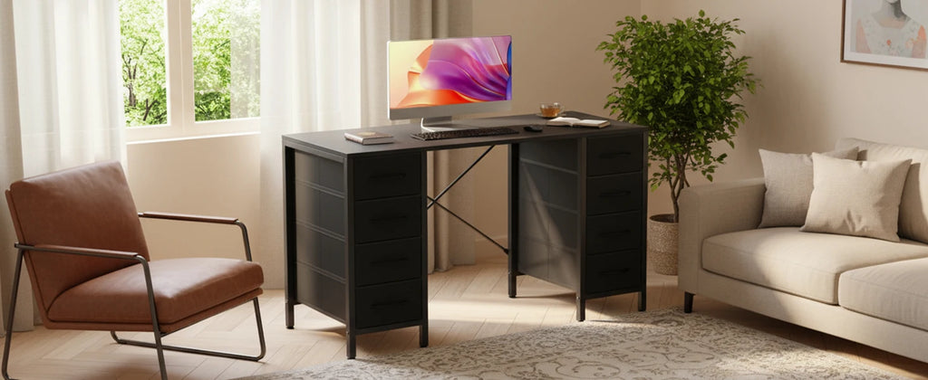 JHK 47 Inch Computer Desk with 8 Fabric Drawers Office Gaming Desk Writing Study Table with X-Shaped Reinforced Structure