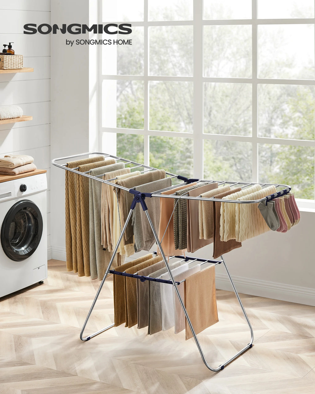 SONGMICS Clothes Drying Rack, with Sock Clips, Metal Laundry Rack, Foldable, Space-Saving, Free-Standing Airer, with 2 Height-Ad