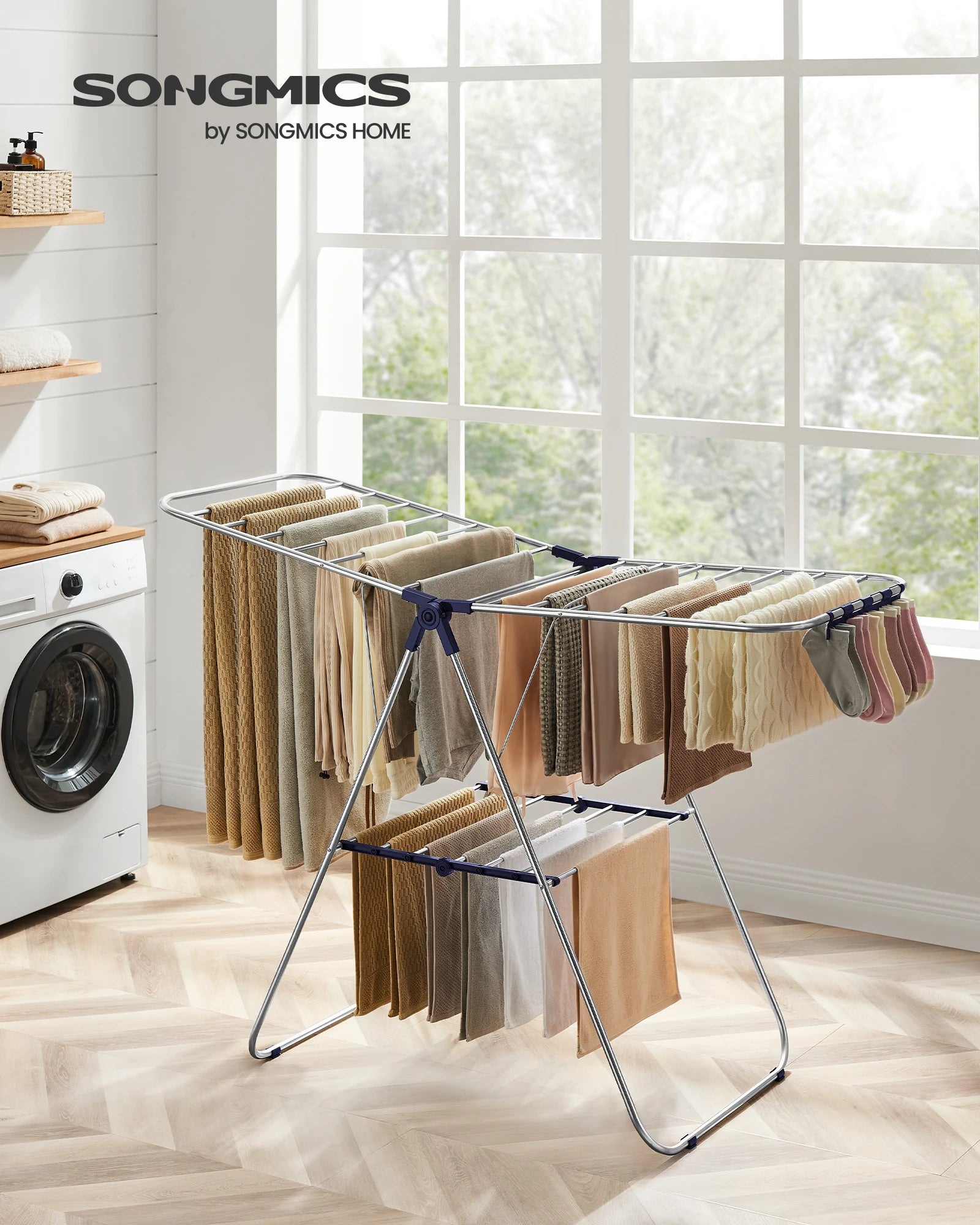 SONGMICS Clothes Drying Rack, with Sock Clips, Metal Laundry Rack, Foldable, Space-Saving, Free-Standing Airer, with 2 Height-Ad