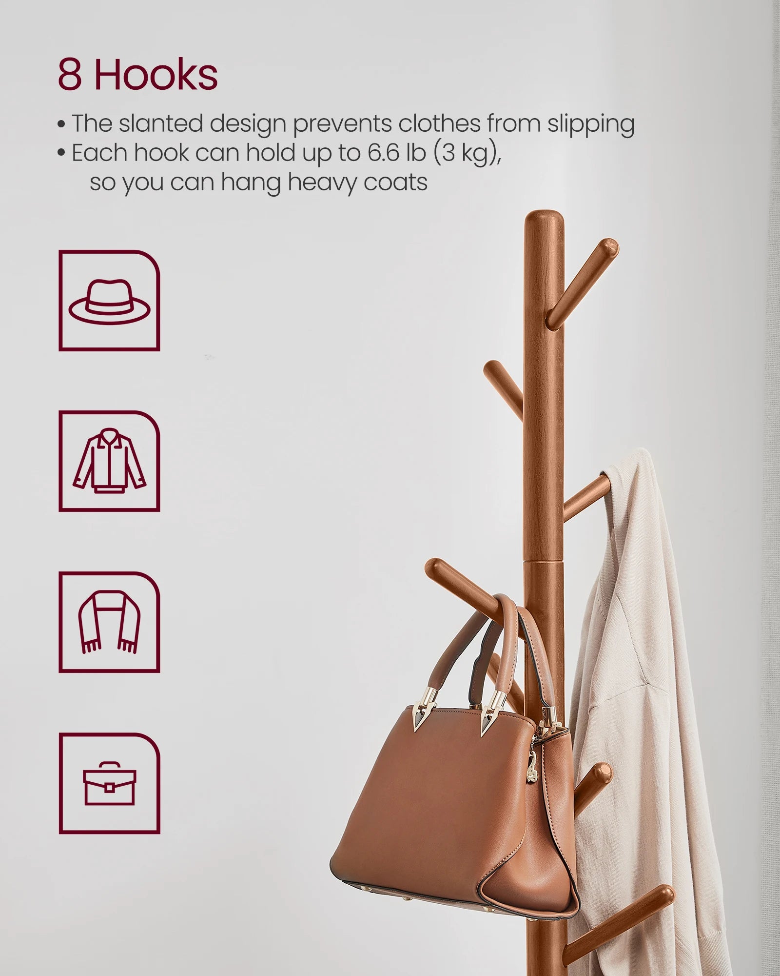 VASAGLE Solid Wood Coat Rack, Free Standing Tree-Shaped Coat Rack with 8 Hooks, 3 Height Options, for Clothes, Hats, Bags, Livin