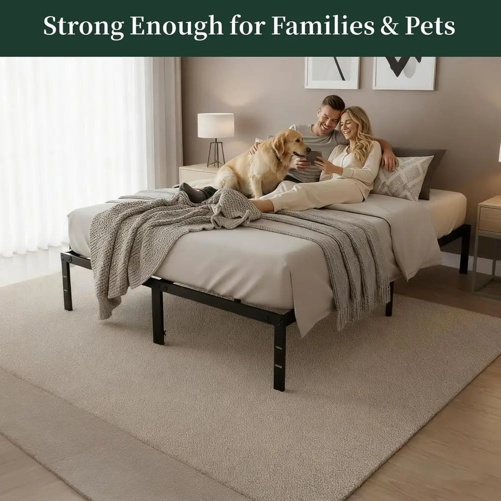 Queen Size 14 Metal Platform Bed with Steel Slat Support, No Box Spring Needed, Easy Assembly, Storage Space