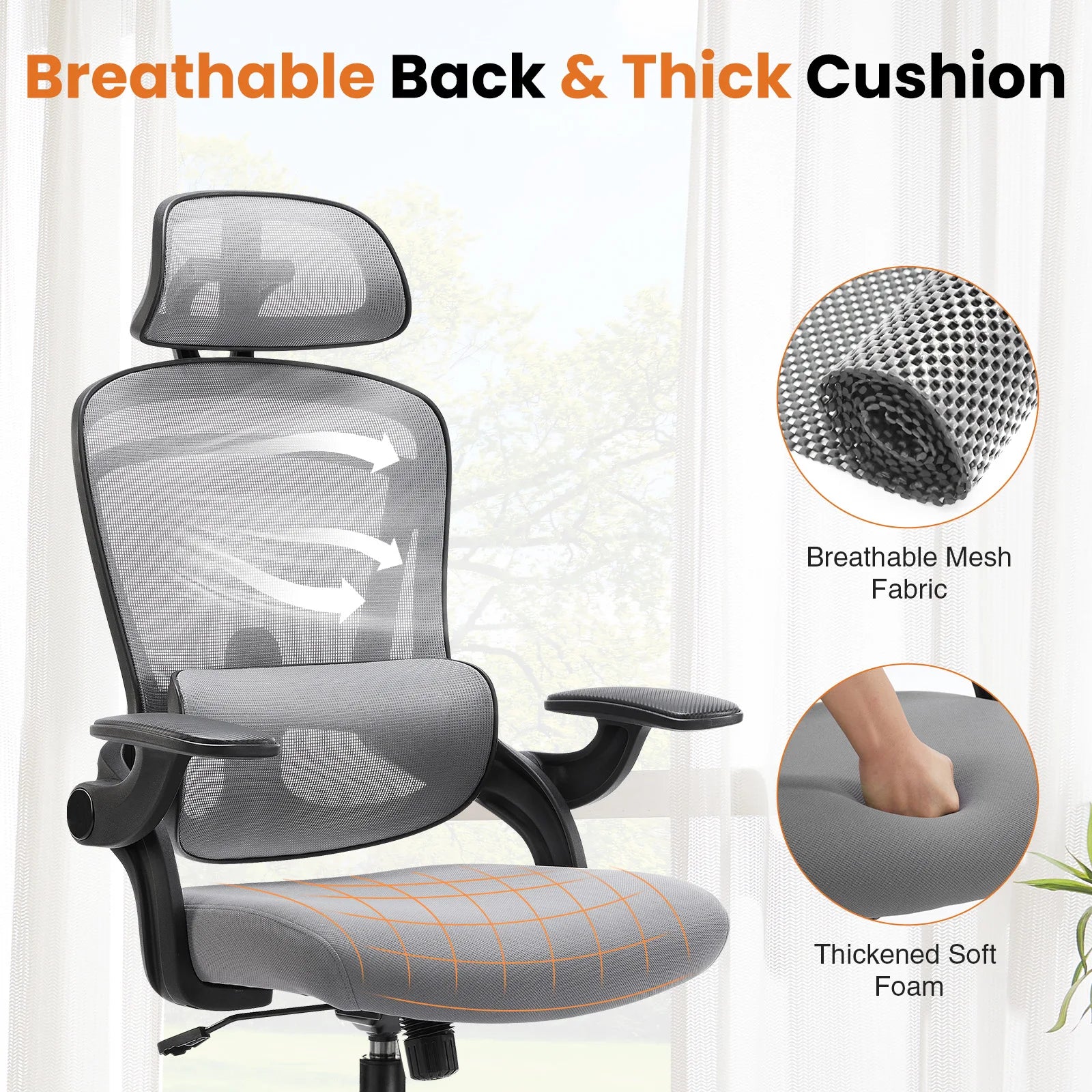 JHK Ergonomic Mesh Office Chair Adjustable Lumbar Support 120°Tilt High Back Comfortable Computer Chair with Soft Flip Up Arms