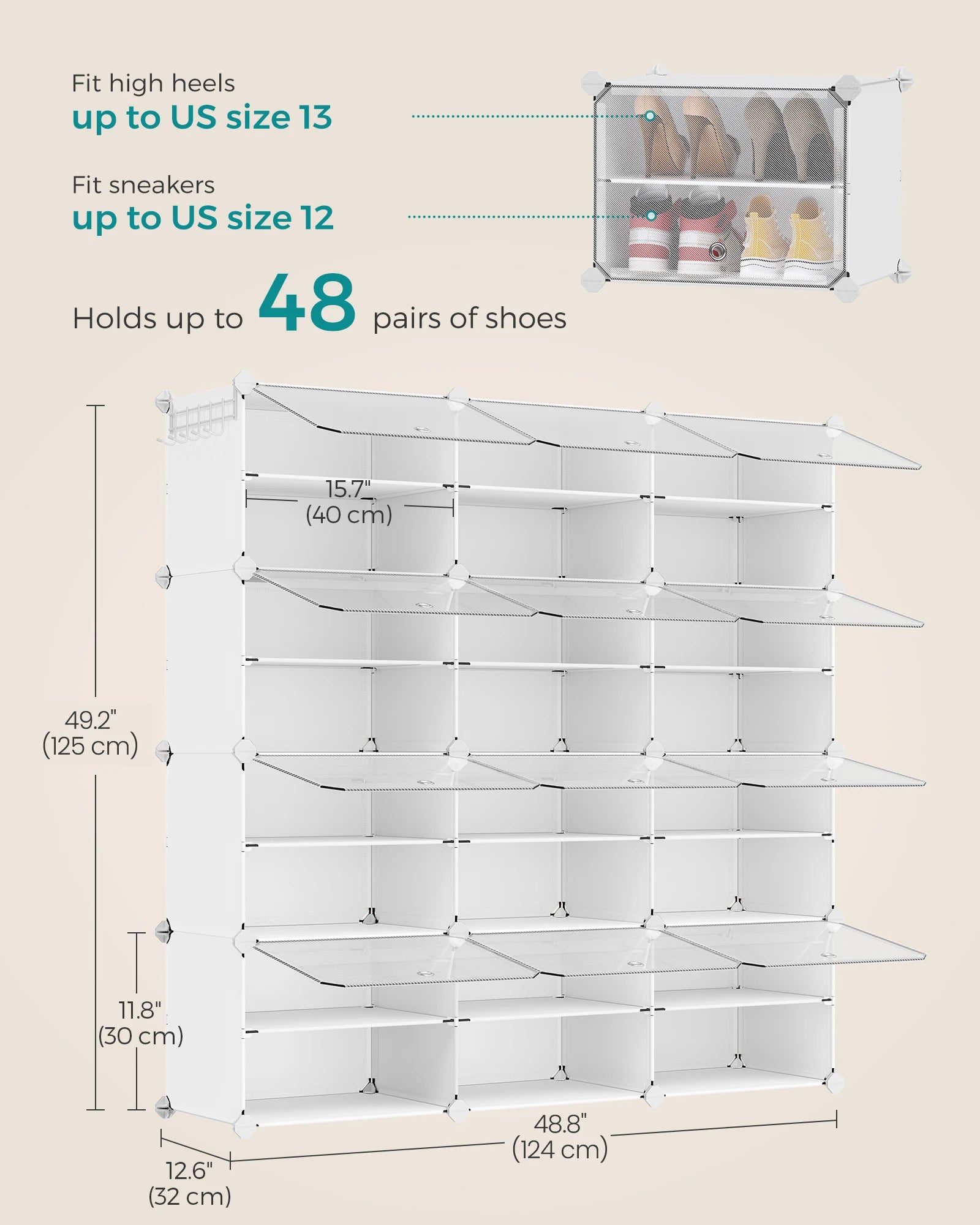 SONGMICS Shoe Rack, 12 Cubes Shoe Organizer with Doors, 48 Pair Plastic Shoe Storage Cabinet, for Bedroom, Entryway, Steel Frame