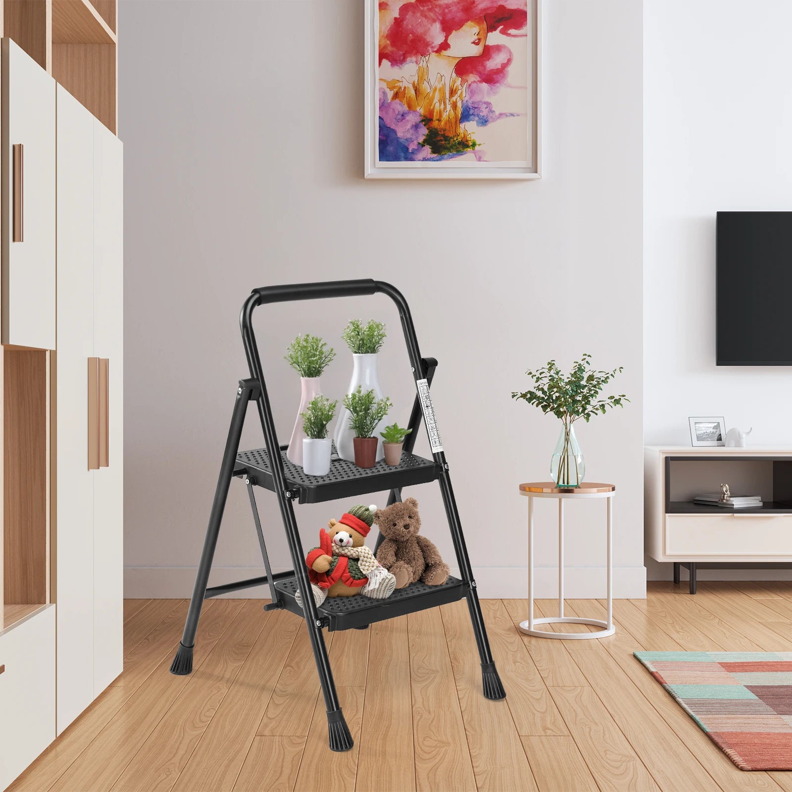 JHK Step Ladder Folding 2 Step Ladder Stool with Anti-Slip Pedal 800lbs Capacity Sturdy Steel Portable Cushioned Handle for Home