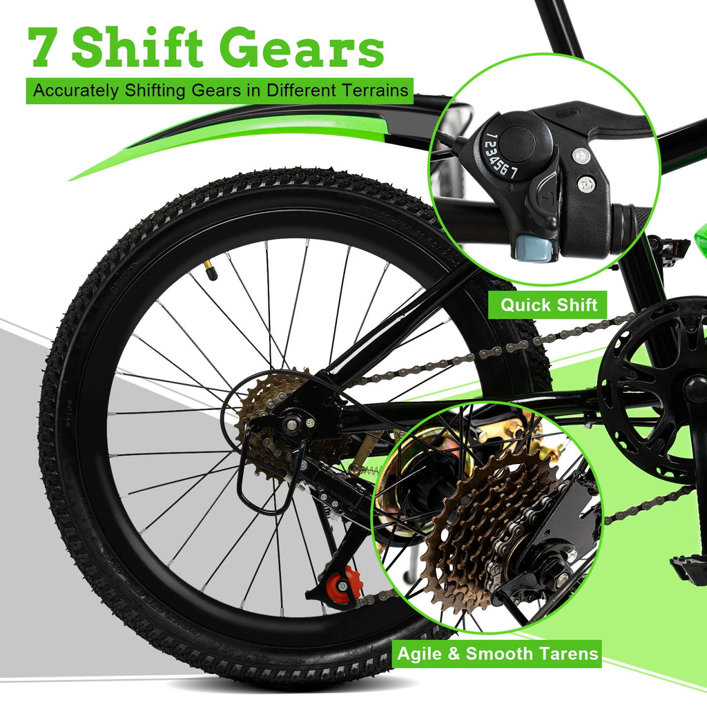 20" Mountain Bike 7 Speeds Kids Bicycle Dual-Disc Brakes Unisex Children's Bicycle Height Adjustable MTB Boys Girls Riding Bike