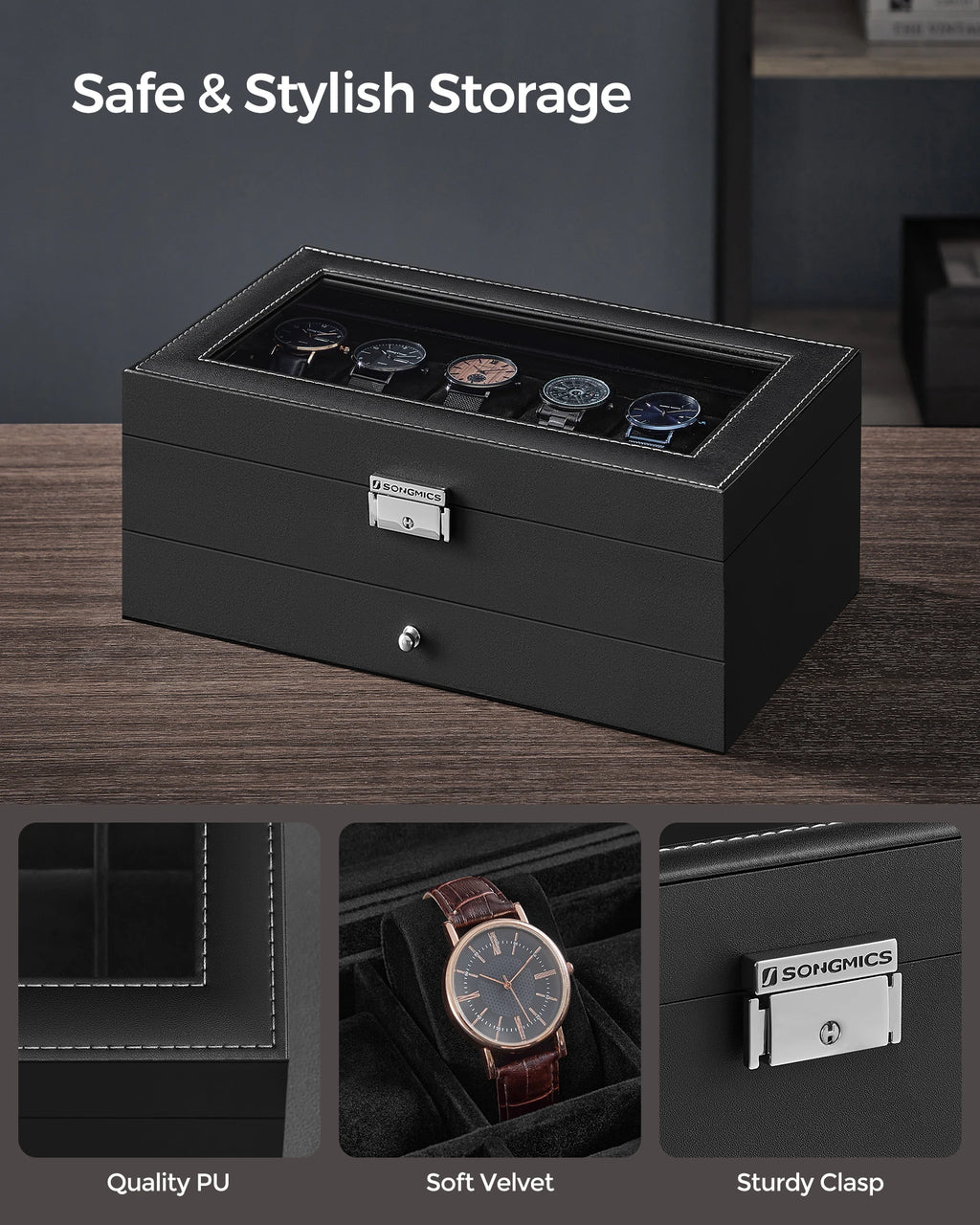 SONGMICS Watch Box, 12-Slot Watch Case Organizer with Large Glass Lid, 2 Layers, Removable Pillows, Metal Lock