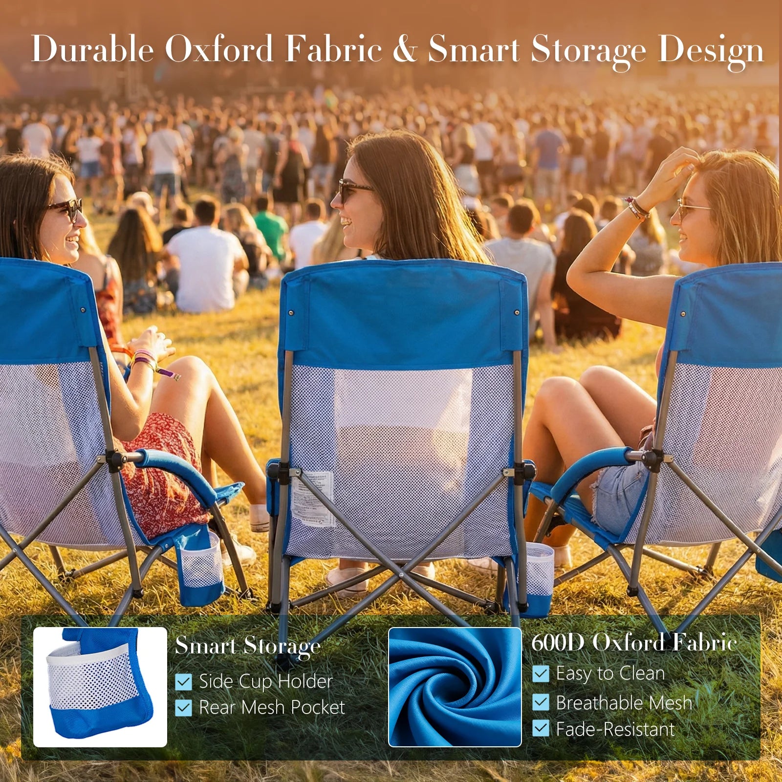 JHK Portable Low Beach Camping Chair Folding Chair with Cup Holder Padded Armrests Sturdy Steel Frame Outdoor Picnic Chair