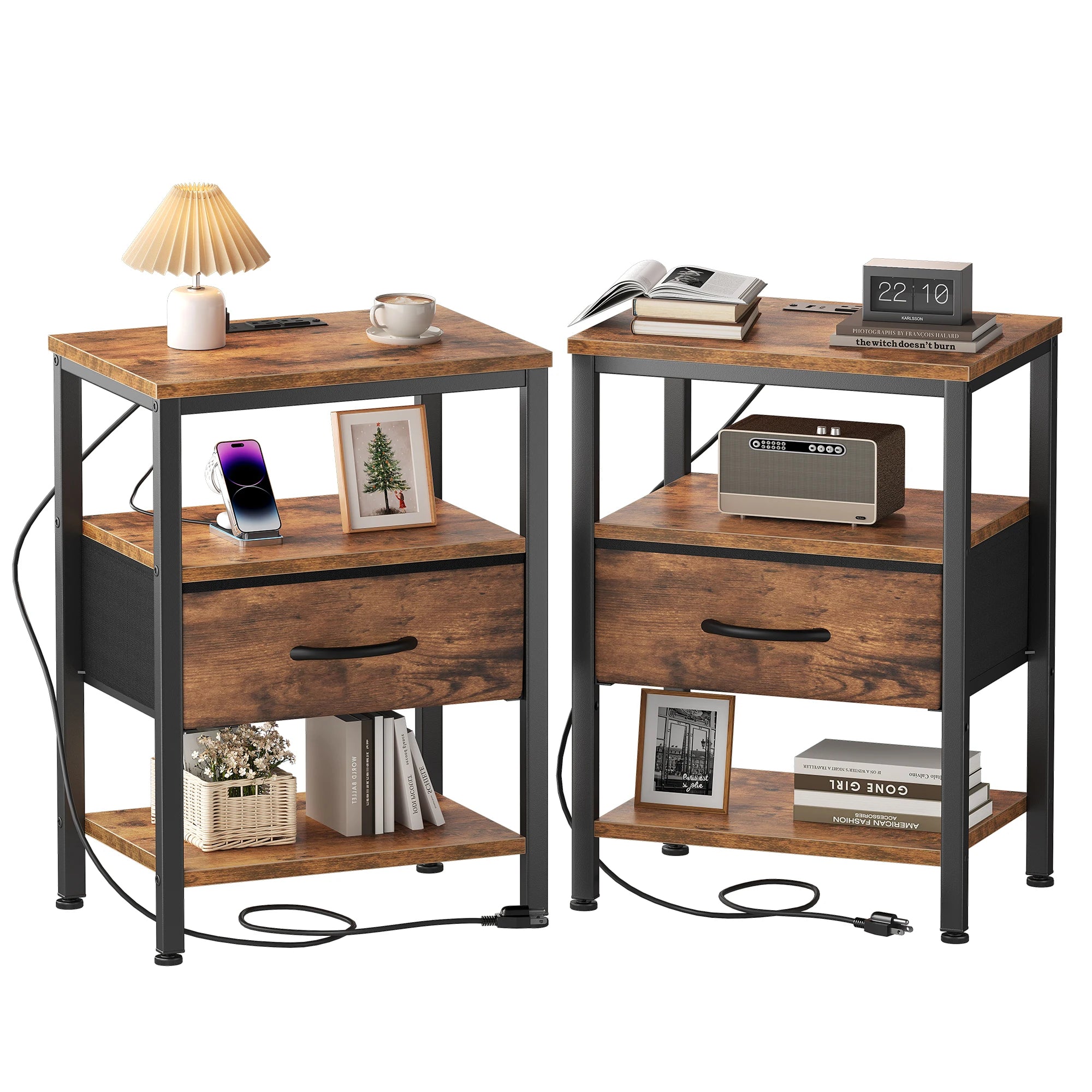 JHK 3-Tier Nightstand Set of 2 with Wireless Charging Station Bedside Tables with Adjustable Fabric Drawers Storage Open Shelf