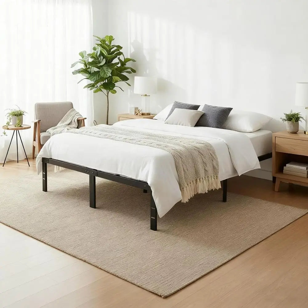 Queen Size 14 Metal Platform Bed with Steel Slat Support, No Box Spring Needed, Easy Assembly, Storage Space