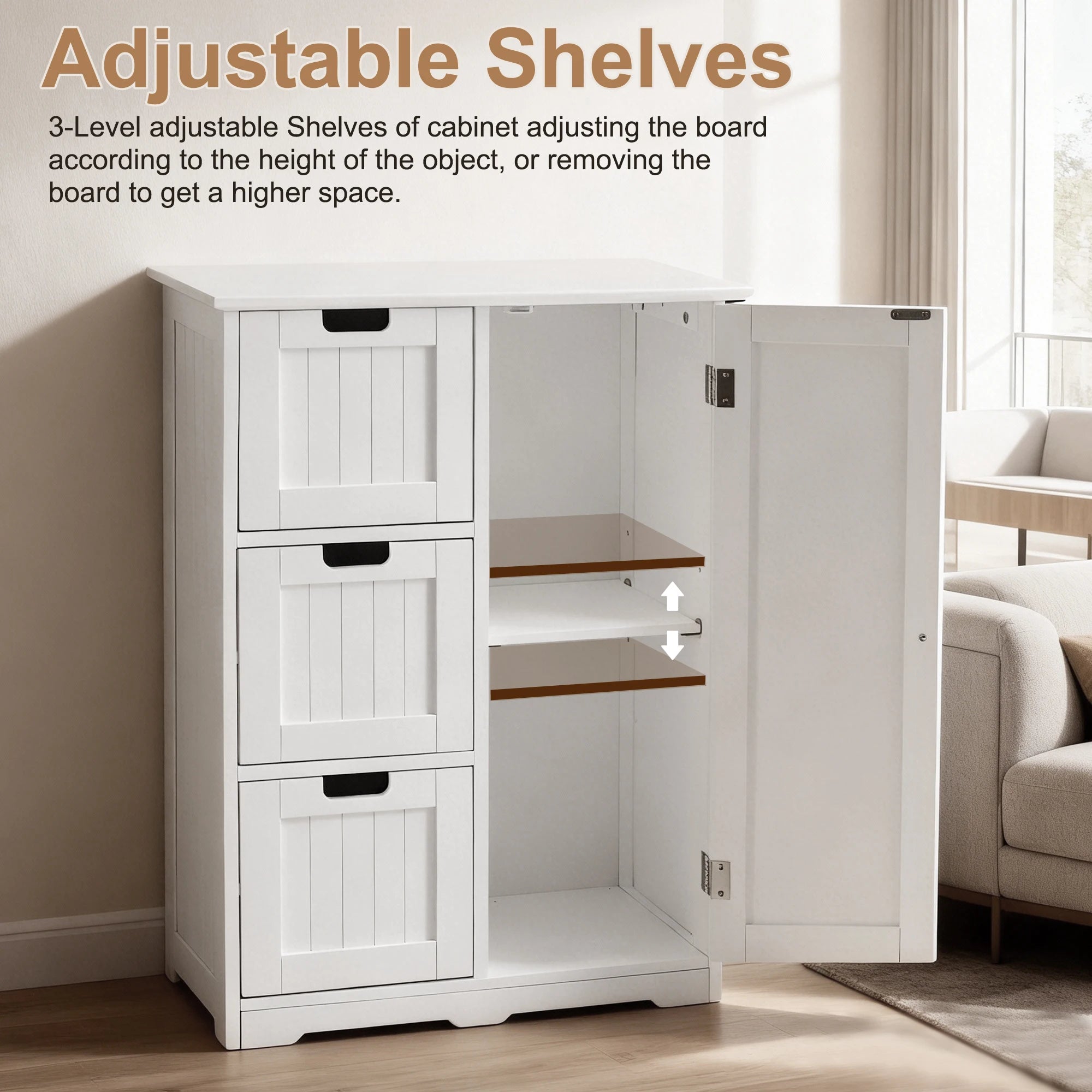 JHK Wooden Storage Cabinet with 3 Drawers and a Cupboard Bathroom Floor Cabinet Freestanding Cupboard for Home Living Room