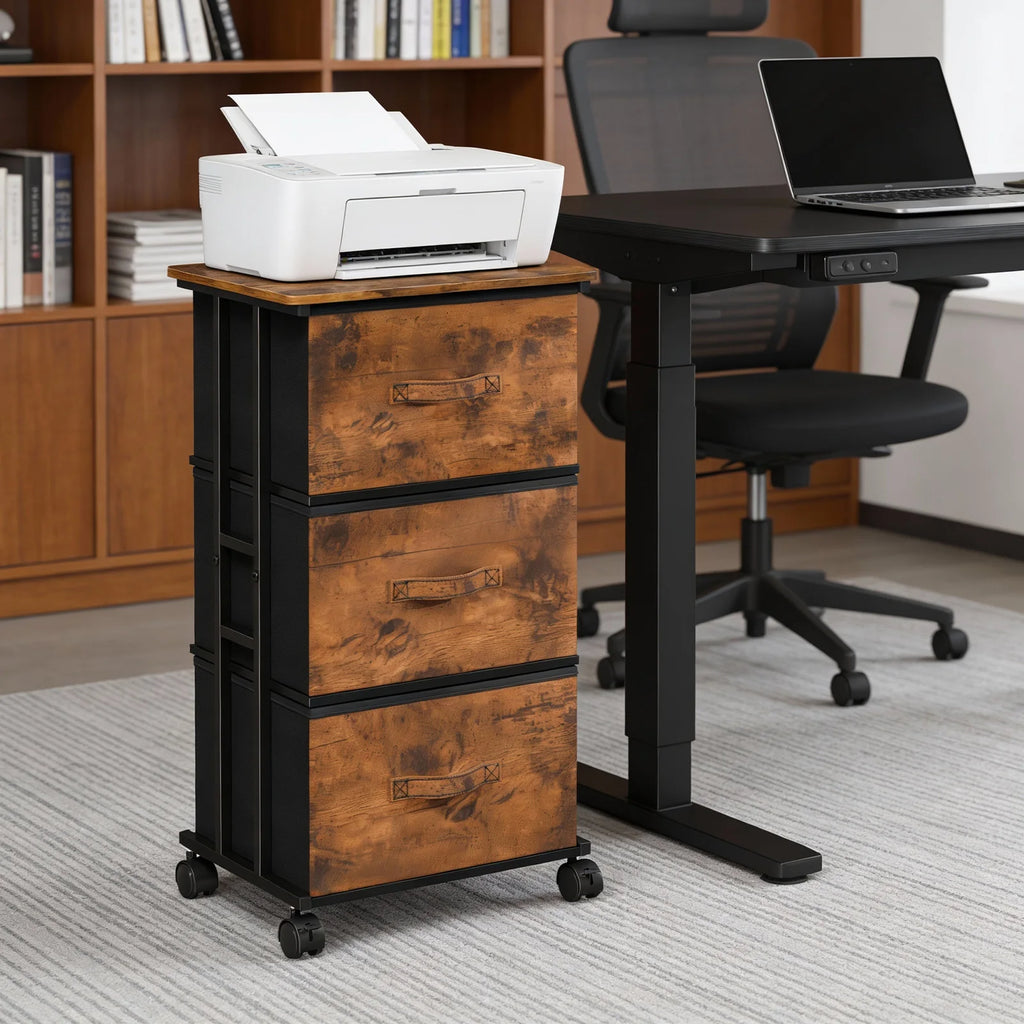 JHK 3 Foldable Fabric Drawers Cabinet For Living Room Wooden Top Movable Roller Beside Nightstand Tables With Steel Structure