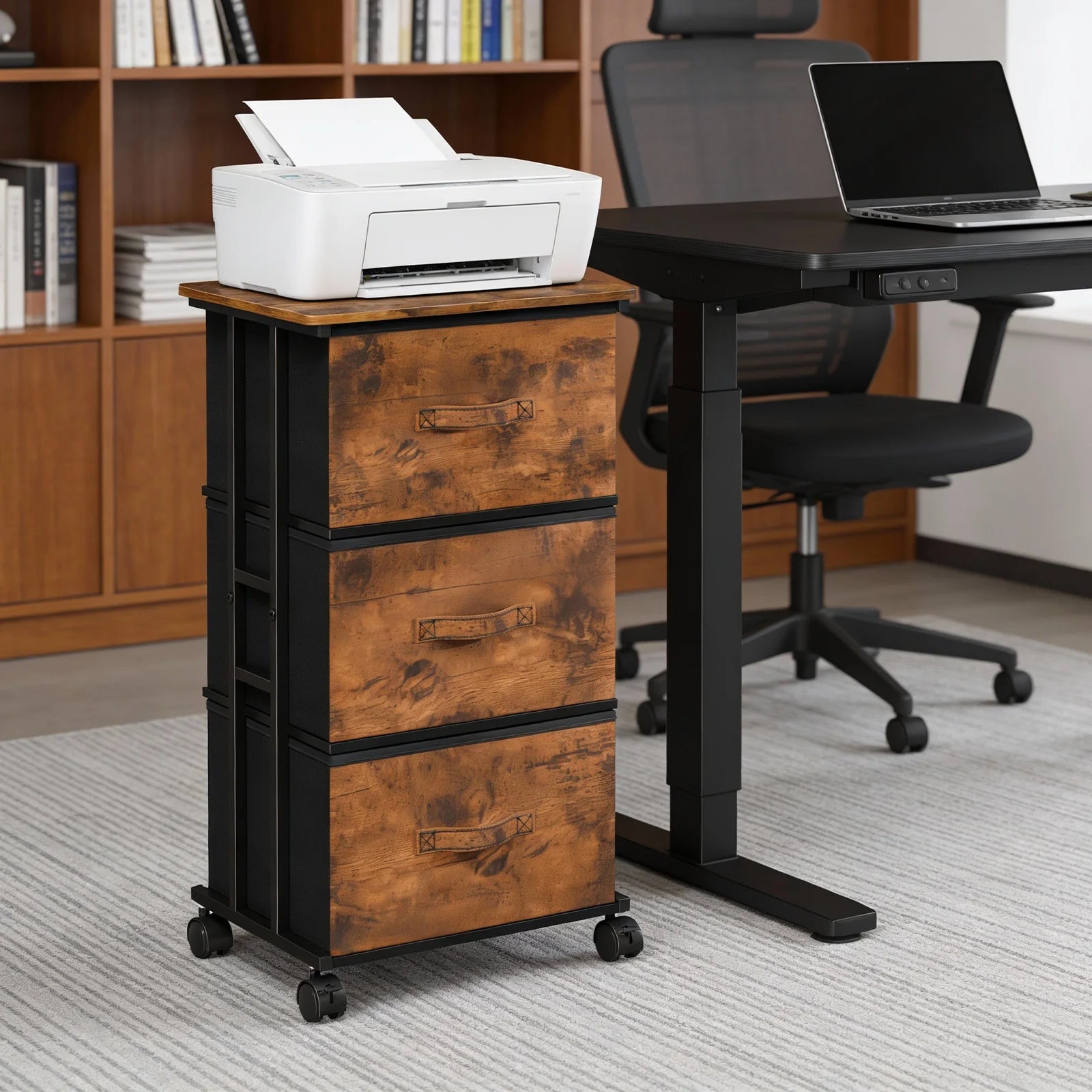 JHK 3 Foldable Fabric Drawers Cabinet For Living Room Wooden Top Movable Roller Beside Nightstand Tables With Steel Structure