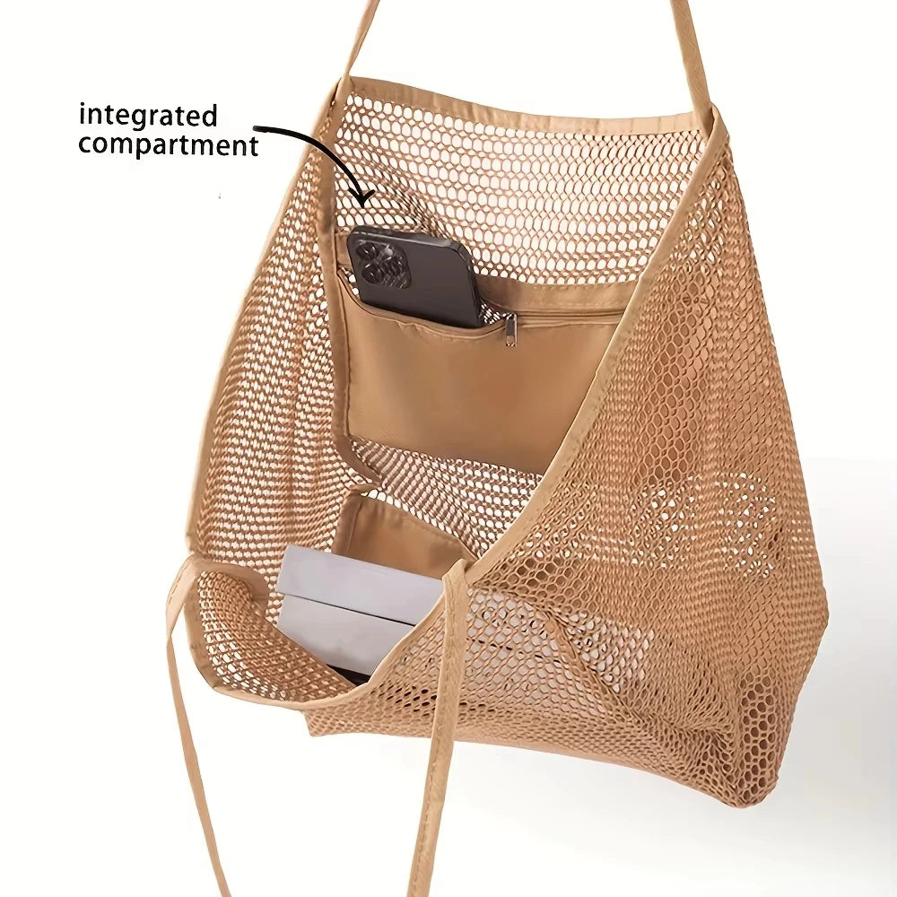 1pc Large Capacity Beach Bag Mesh Women's Single-shoulder Bag Foldable Travel Storage Bag Portable Shopping Bag Toiletry Bag