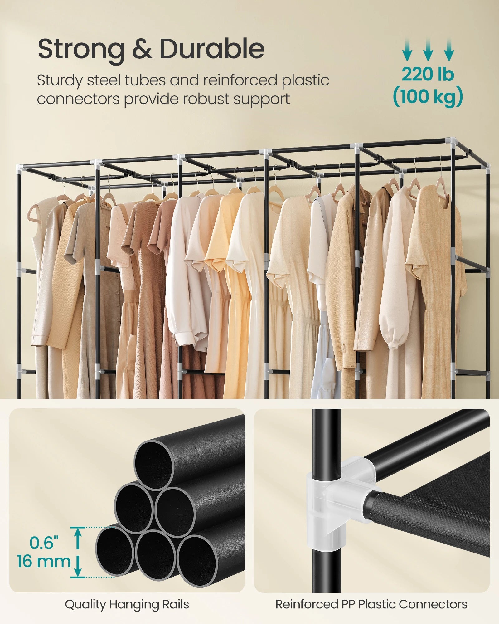 SONGMICS Portable Closet, Wardrobe Closet Organizer with Cover, 5 Hanging Rods and Shelves, 4 Side Pockets, 17.7 x 83 x 65.7 Inc