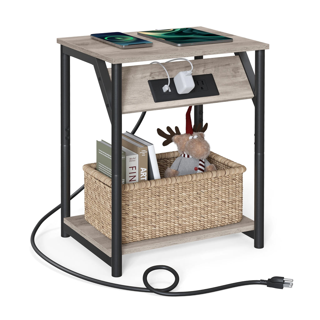 VASAGLE End Table with Charging Station, Small Side Table for Living Room, Bedroom, Nightstand with Outlets and USB Ports, Bedsi