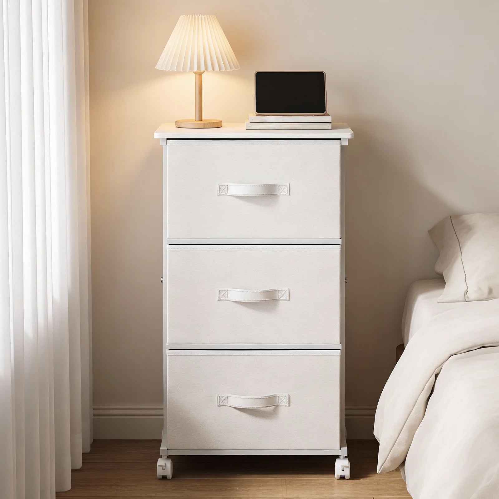 JHK 3 Foldable Fabric Drawers Cabinet For Living Room Wooden Top Movable Roller Beside Nightstand Tables With Steel Structure