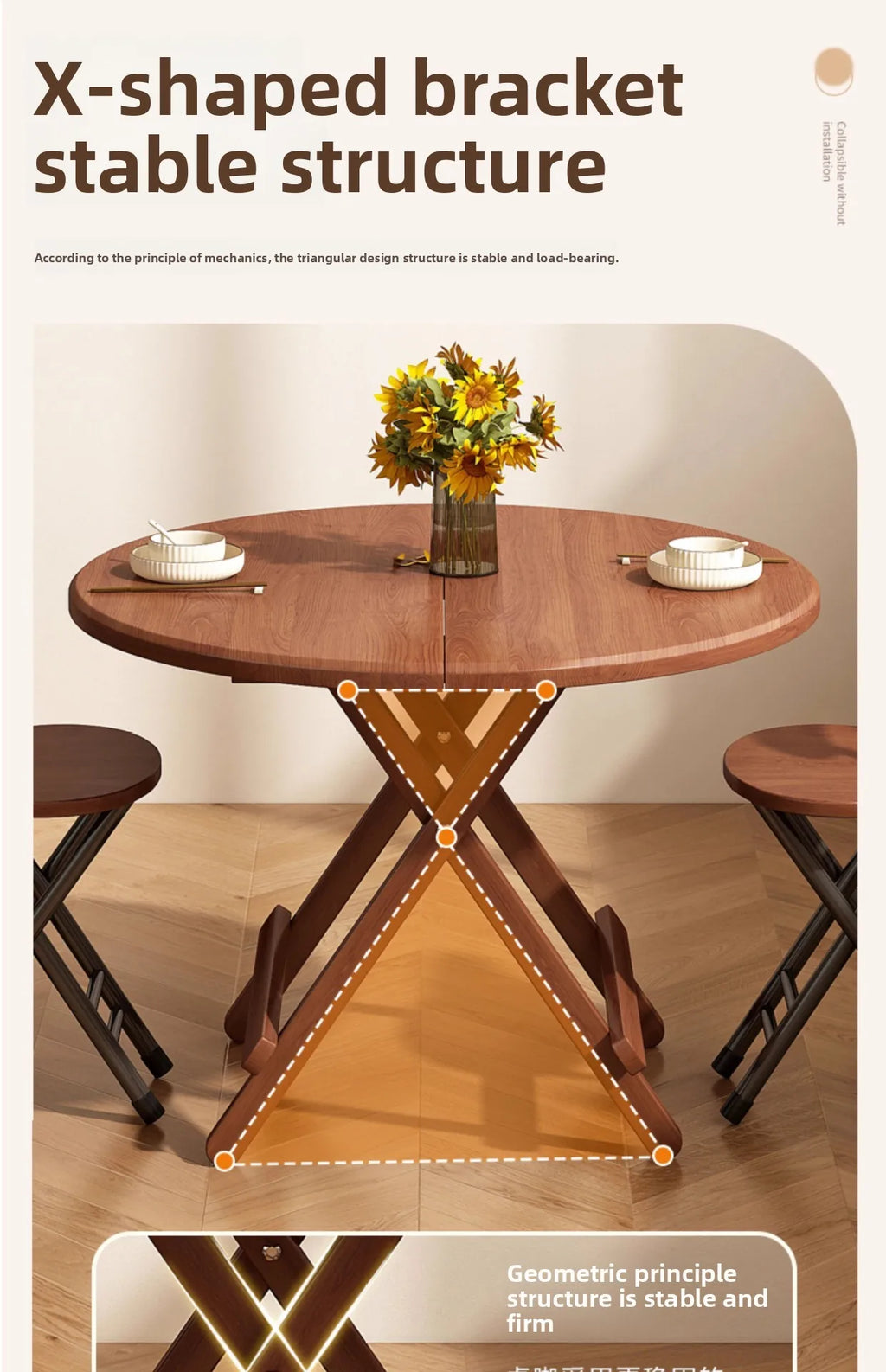 Sturdy Folding Dining Table - No Assembly Needed, Strong Stable Desk for Kitchen, Study & Office, round dining table,small table