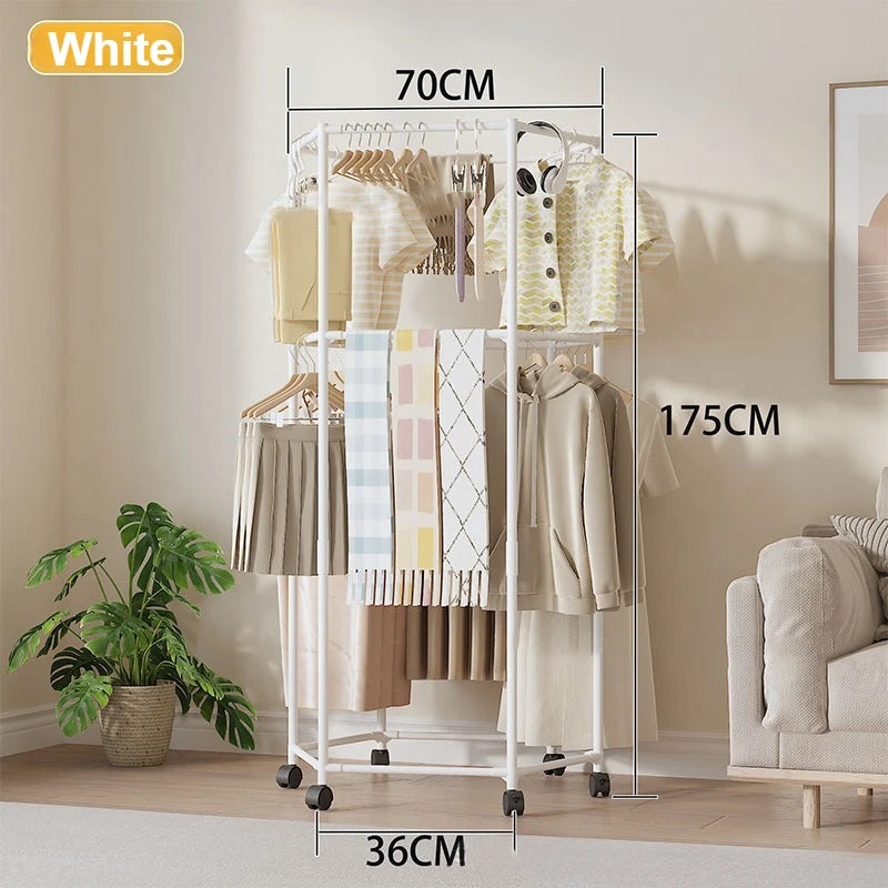Mobile Metal Coat Rack with Wheels, Space Saving Clothes Drying Hanger Stand for Balcony Living Room Home