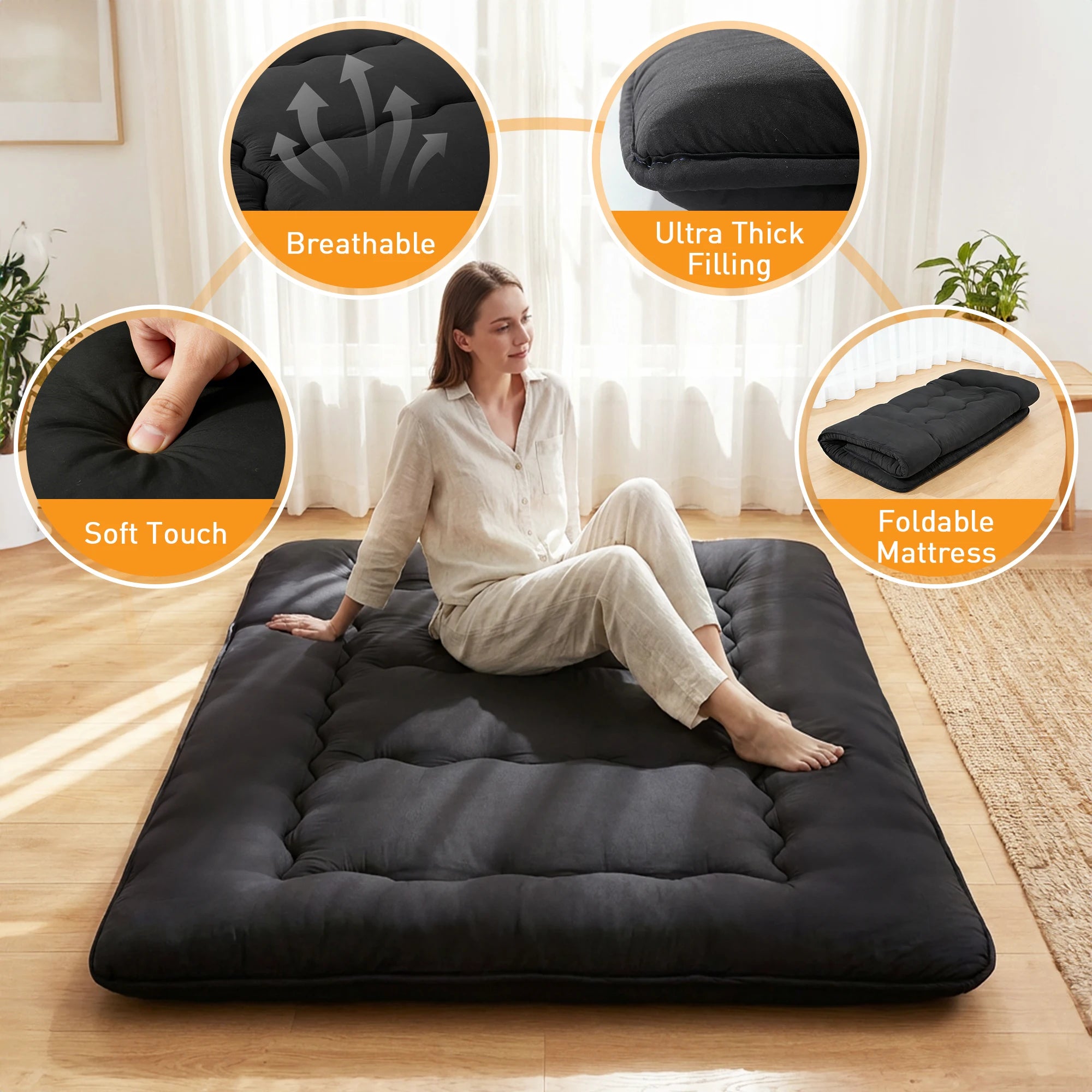 JHK Foldable 4 Inch Soft Bed Mattress Full Queen Size Thick Mattress Soft and Breathable Portable Bed Topper Bedroom Home Use