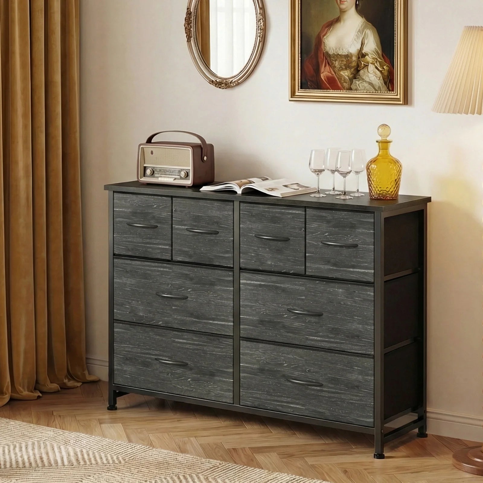 JHK Cabinet For Living Room With 8 Fabric Drawers Spacious Storage Tower for Closet TV Stand with Wood Top and Mental Frame