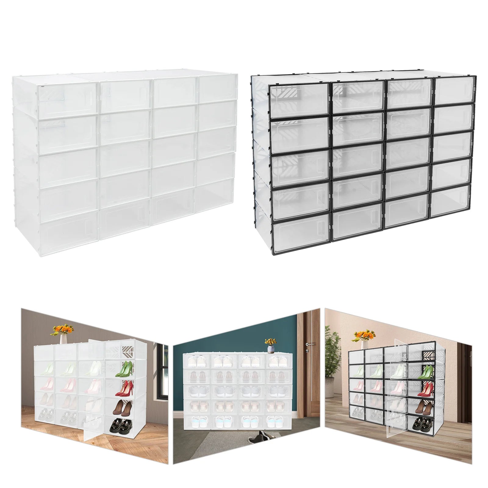 20 Pcs Shoe Storage Box Transparent PP Plastic Shoe Cabinet Moisture & Dust Proof Modern Organizer Black/White