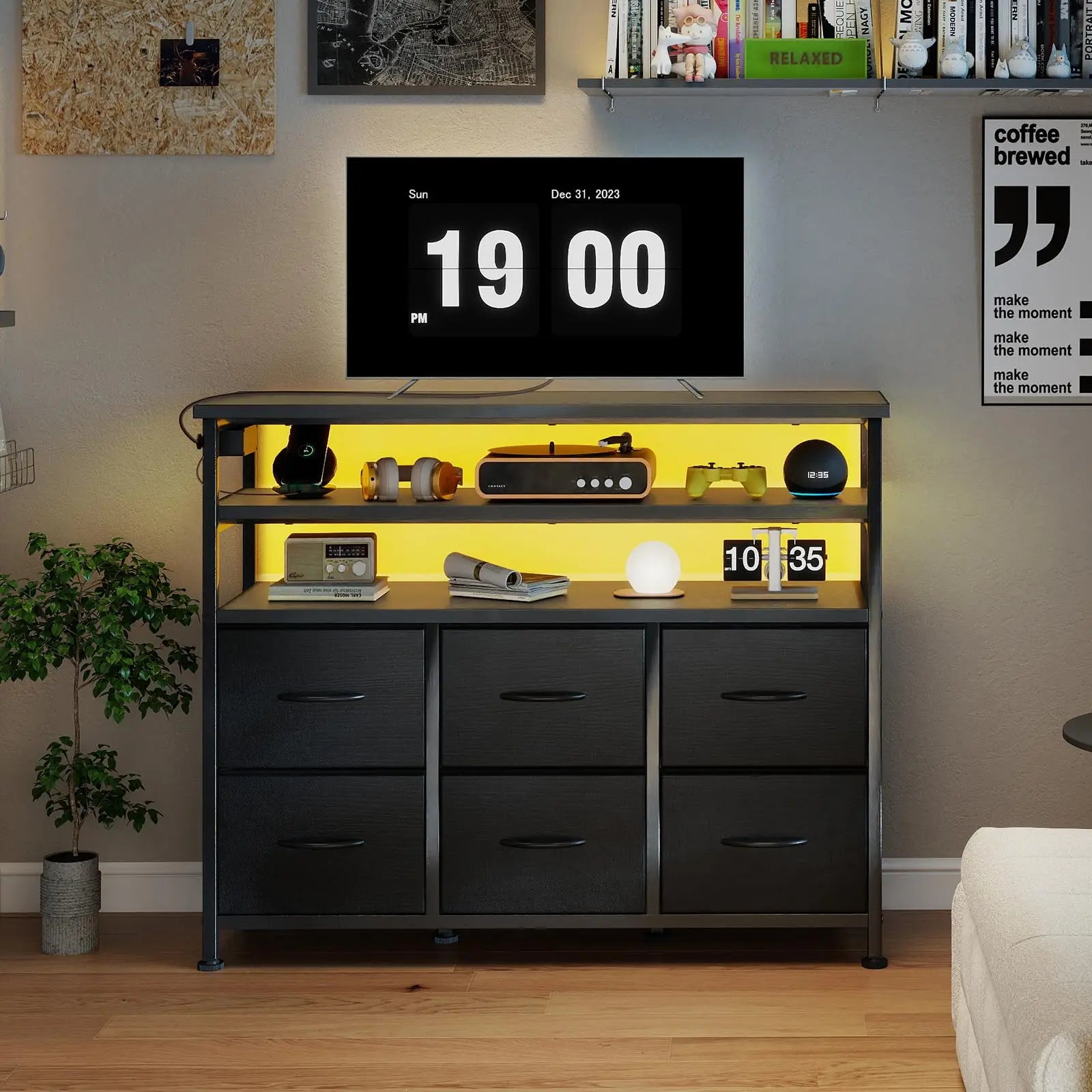 JHK TV Stand Dresser For Living Room With 6 Fabric Drawers Storage Up to 45 inch TV Wood Top TV Media Console Table Cabinet
